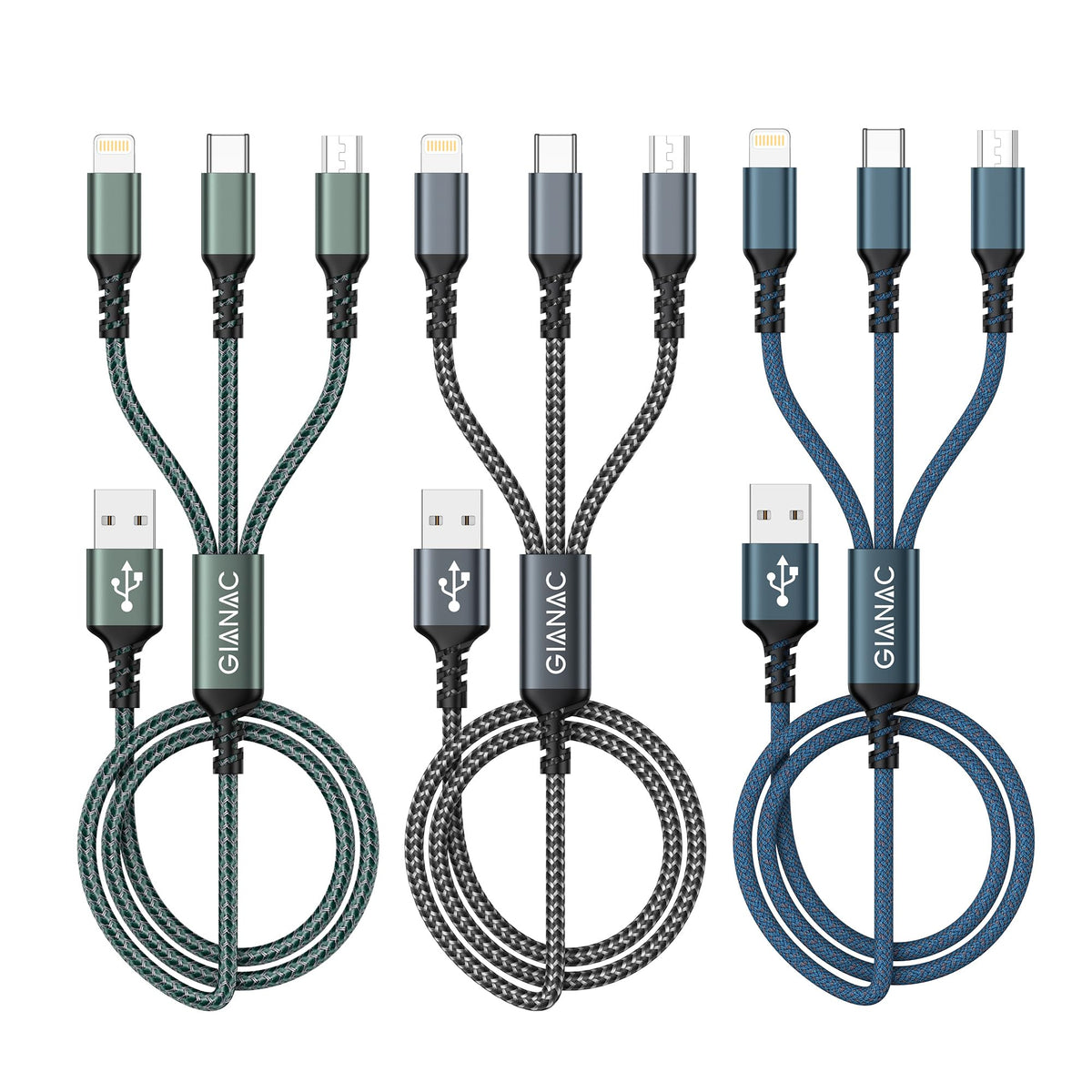 GIANAC Multi Charger Cable [2Pack 1.2M] 3 in 1 Charging Cable Nylon Braided