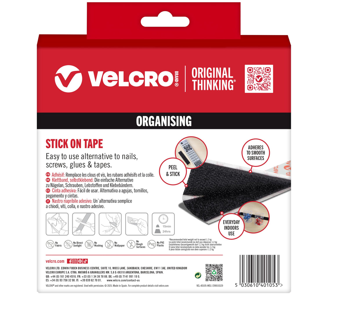 VELCRO® Brand | Stick On Tape | Cut-to-Length Strong Hook & Loop Self Adhesive Sticky Tape Perfect for Room Décor & Home, Office, Garage Use | Black | 20mm x 1m