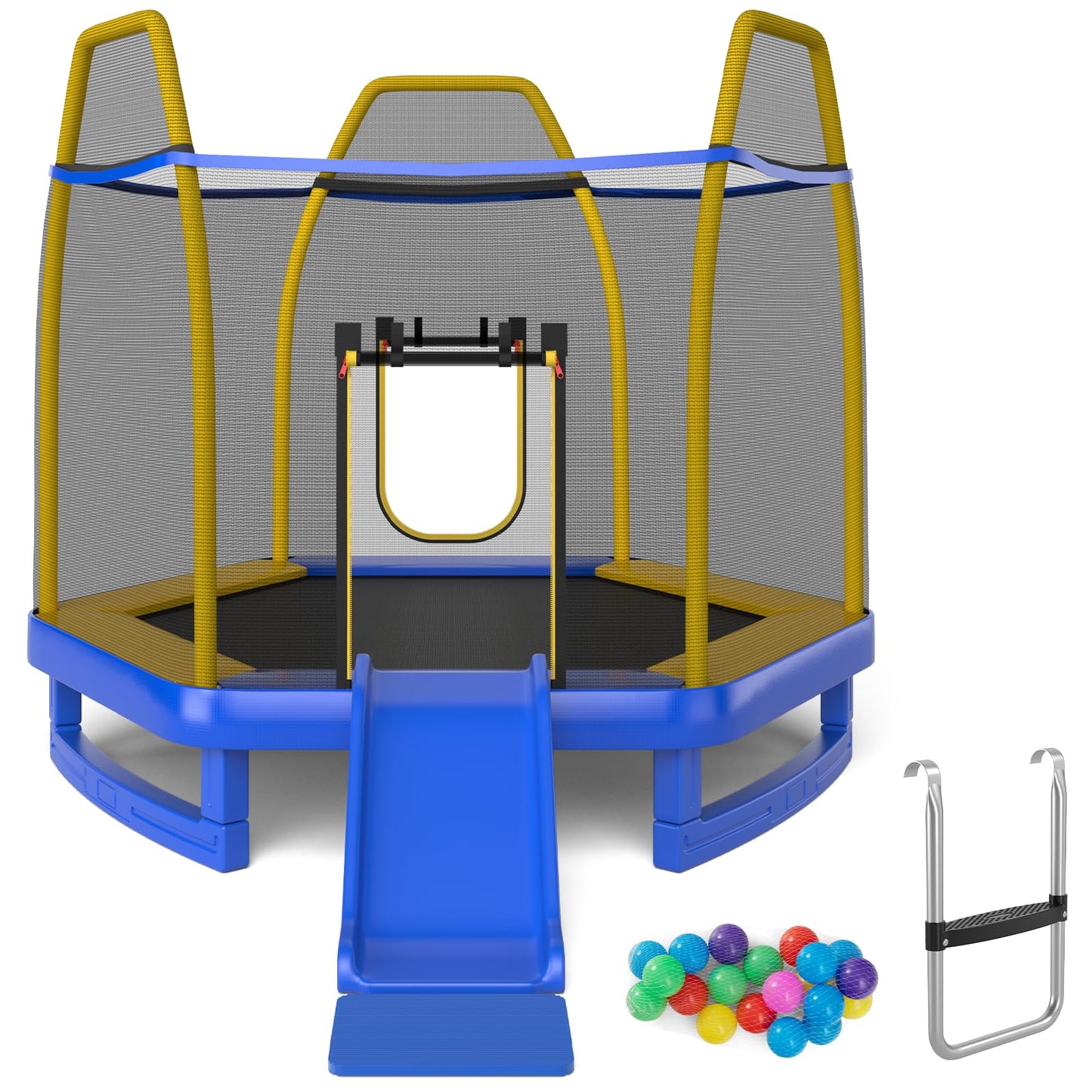 COSTWAY 7ft Kids Trampoline, Hexagonal Trampolines with Slide, Ladder, Safety Enclosure Net and Ocean Balls, Toddler Jumping House for Indoor Outdoor