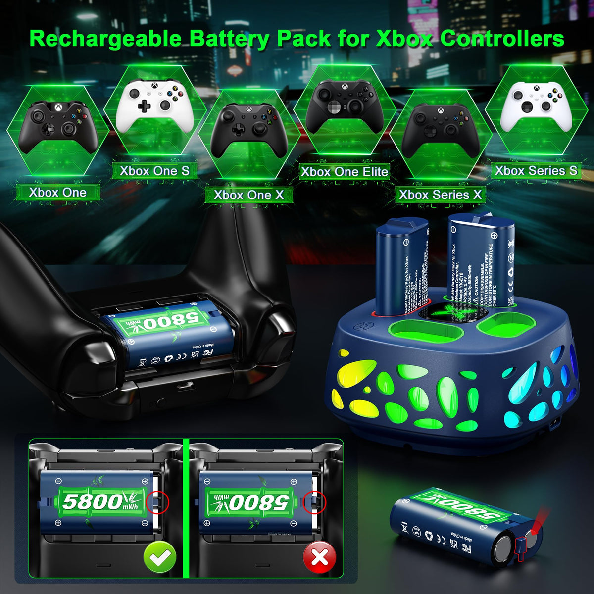 6200mWh Battery for Xbox One/Xbox Series S/X, 2 * 6200mWh Rechargeable Battery 2 Hours Full Charged Fast Charging Station for X-box One/S/X/X-box Series S/X Controller
