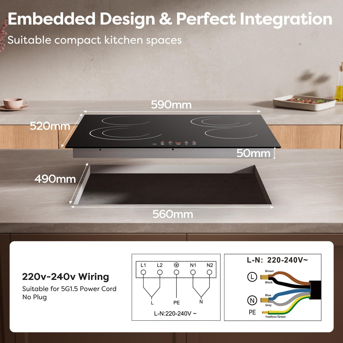 CDV 60cm Ceramic Hob 4 Zones 6400W Dual Ring Built-in Hardwired CDVER64B