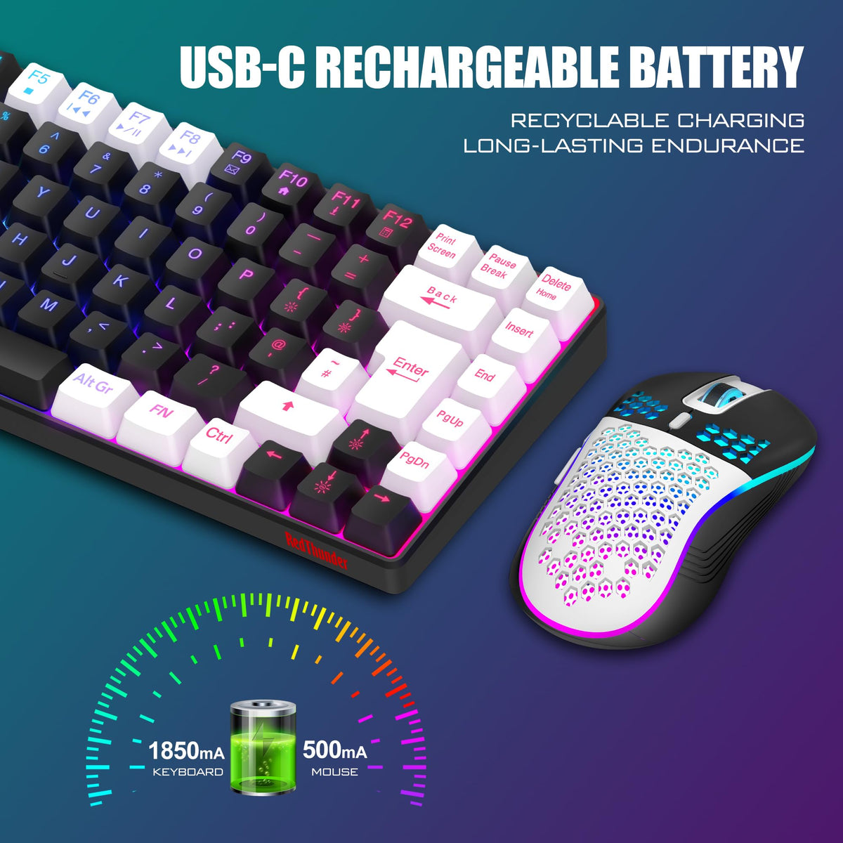RedThunder K84 75% Wireless Gaming Keyboard and Mouse Rainbow Backlight UK Layout 85 Keys TKL Ultra Compact Mini Design Lightweight Honeycomb Gaming Mouse for PC Mac PS5 Xbox Office Gamers