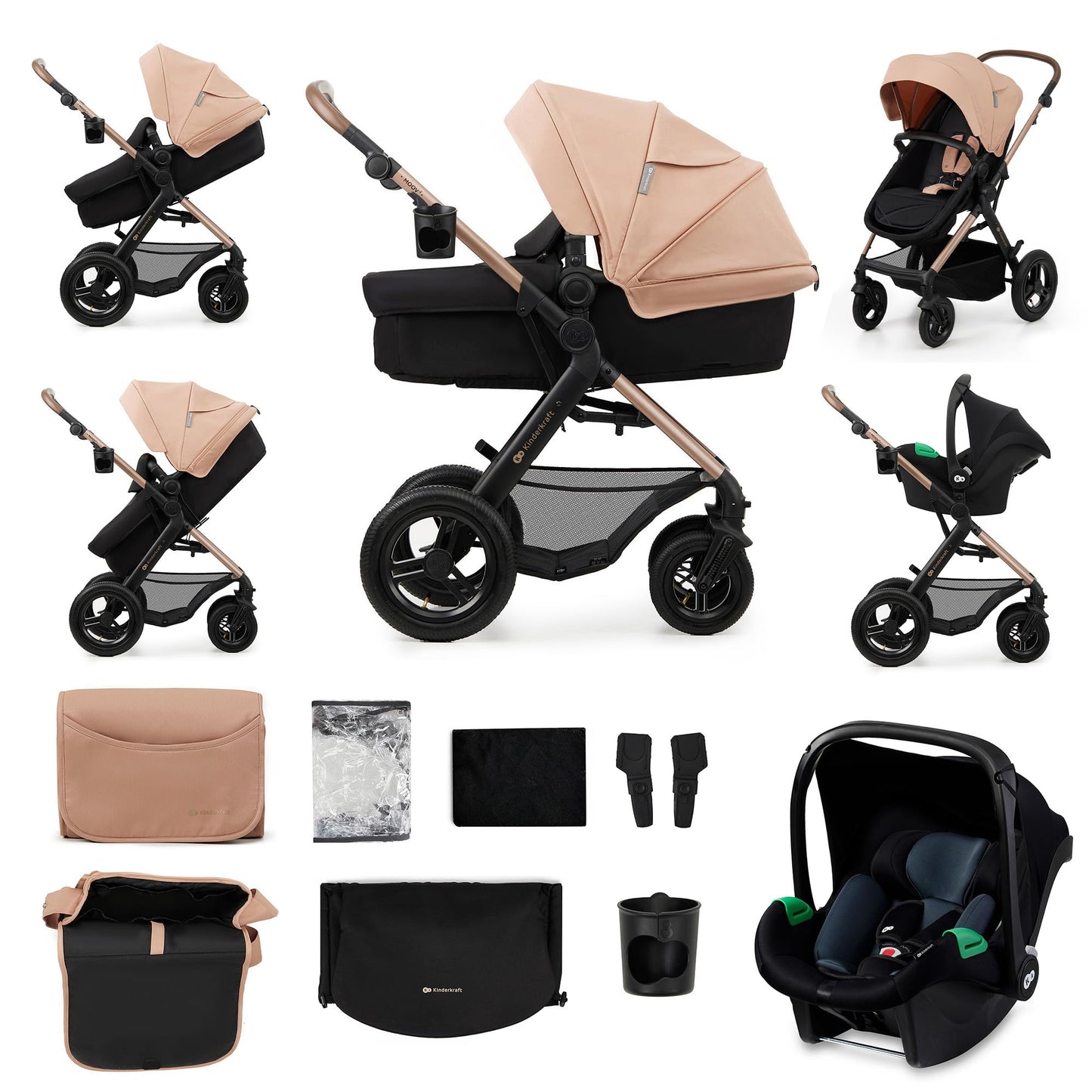 Kinderkraft MOOV 2 AIR 4 in 1 Set, Pram with Infant Car Seat with Isofix Base Mink PRO I-Size, Travel System, Baby Pushchair, Buggy, Foldable, from Birth to 22 kg, Inflatable Wheels, Gray