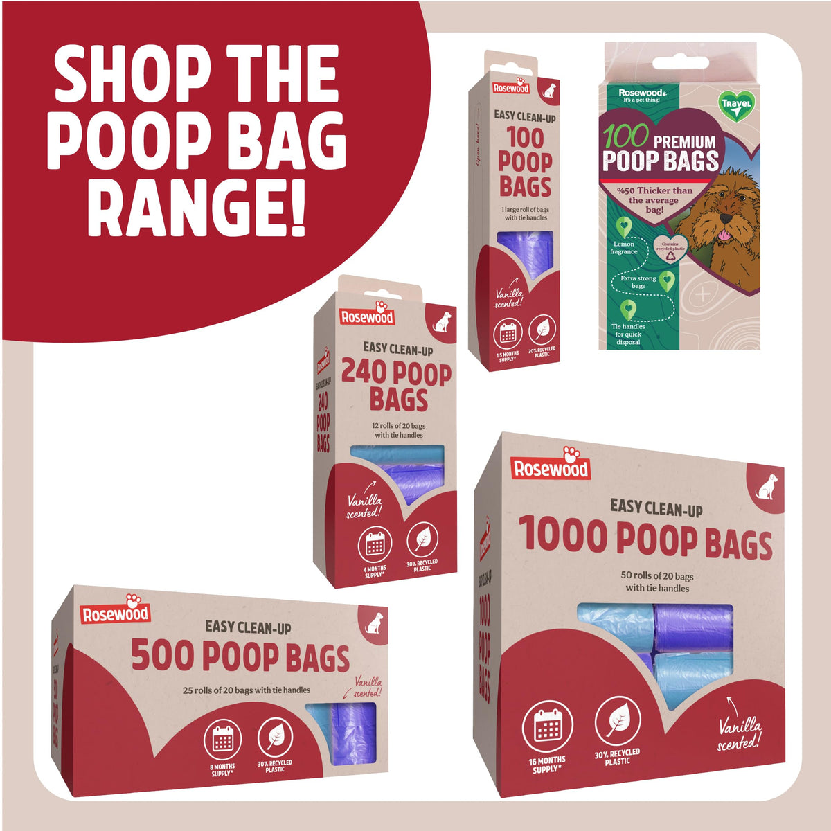 Rosewood Dog Poo Bags with Handles - 100 Easy Clean-Up Poop Bags, Loose Packed Dog Waste Bags with Tie Handles, Lightly Scented, Black