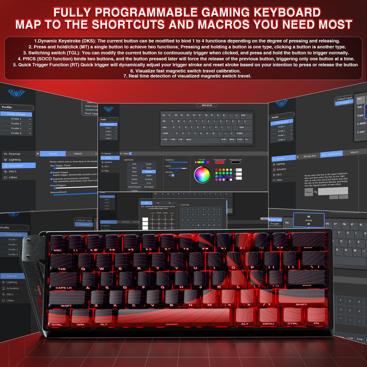 AULA WIN60 HE Mechanical Gaming Keyboard Wired,Hall Effect Magnetic Switches,Adjustable Actuation Rapid Trigger,8K Polling Rate,RGB Backlight,60% Percent Keyboard for Mac/Win (BLACK) (Pack of 2)