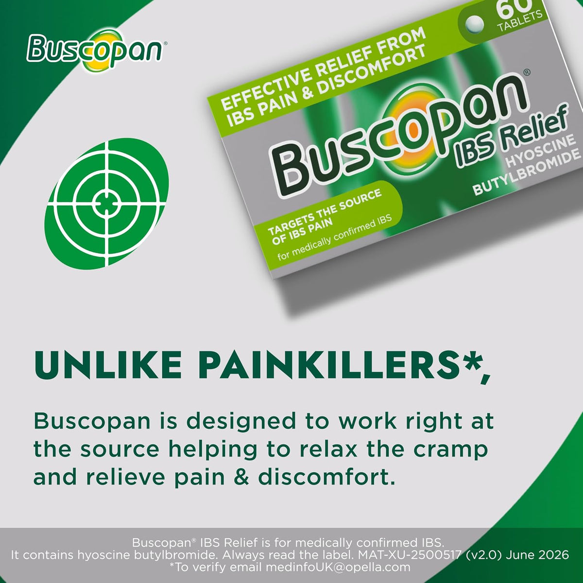 Buscopan, Targeted Belly Pain Relief, Starts to Work in 15 mins, 60 Tablets