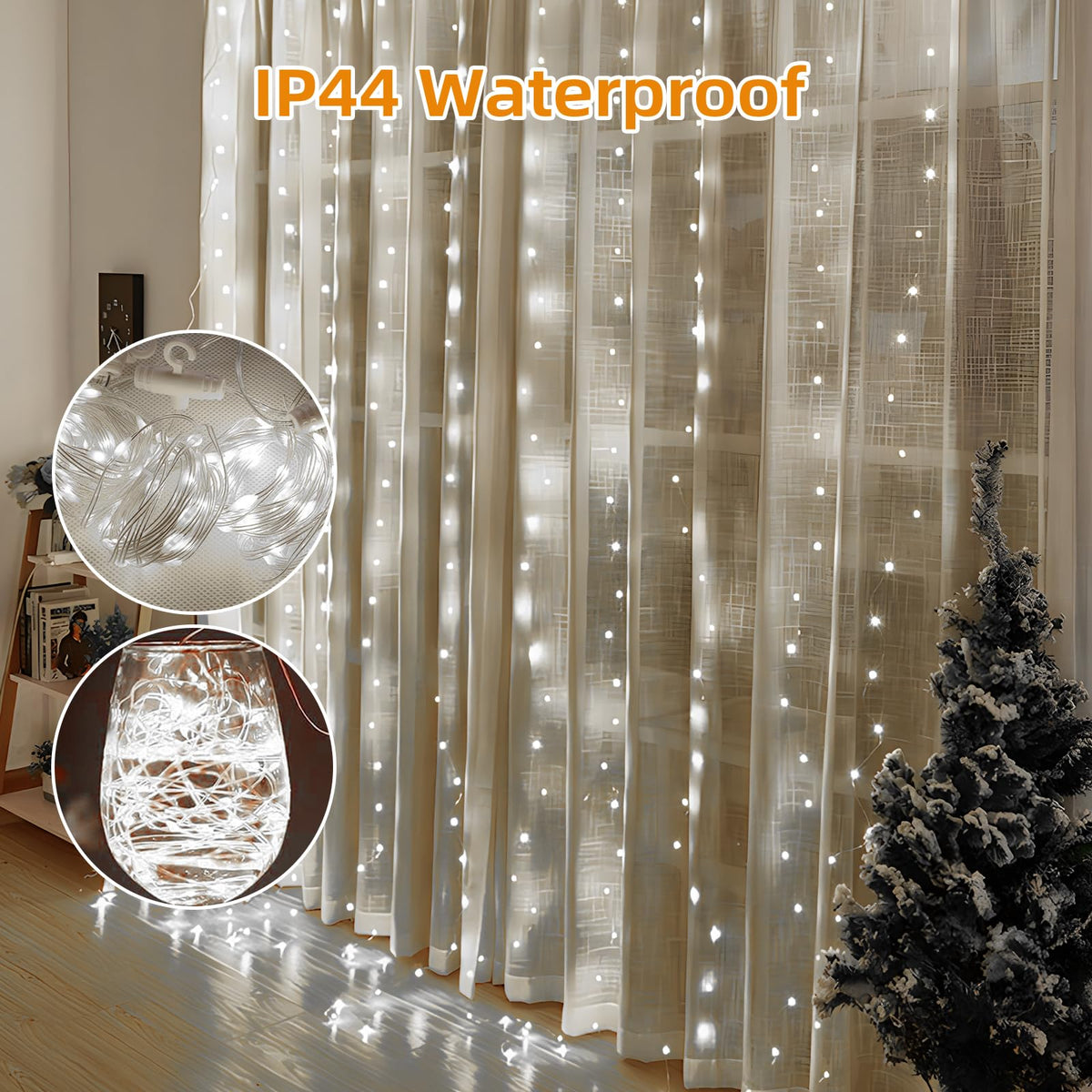 Jsdoin Curtain Fairy Lights, 3.6m x 3m 360leds USB Operated 8 Modes String Light Indoor Waterproof Hanging Window Lights with Hooks for Christmas, Wedding, Party,Wall, Home Decorations (Warm White)