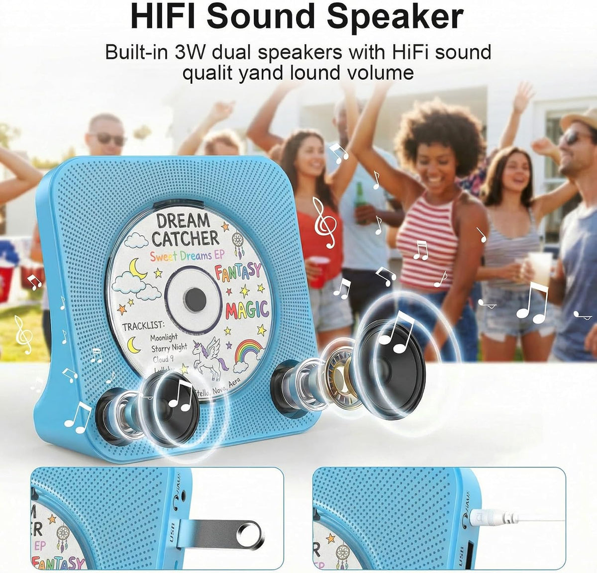 Portable CD Player with Bluetooth, Gueray Desktop CD Players for Home, Bulit-in Double HiFi Speakers, AUX&Headphone Jack, FM Radio Boombox with Remote Control, USB Port,LCD Display (Blue)