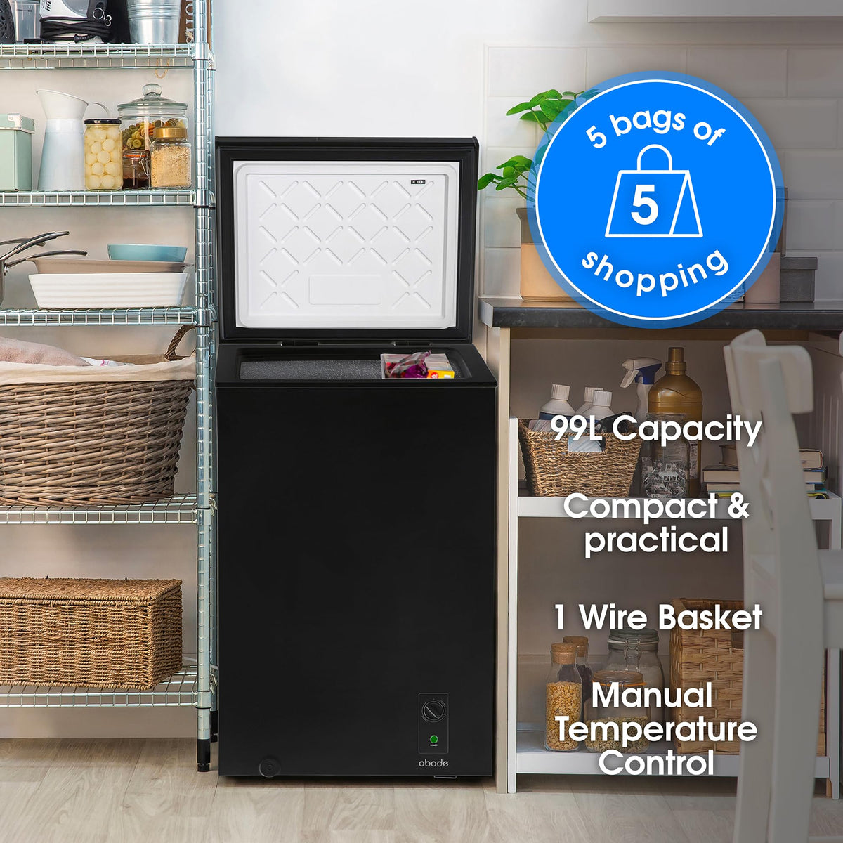 Abode Freestanding White Chest Freezer 99L with Removable Wire Basket & Counter Balance Lid, Adjustable Thermostat, 4 Star Freezer, Suitable for Garages & Outbuildings A99CF0E1W
