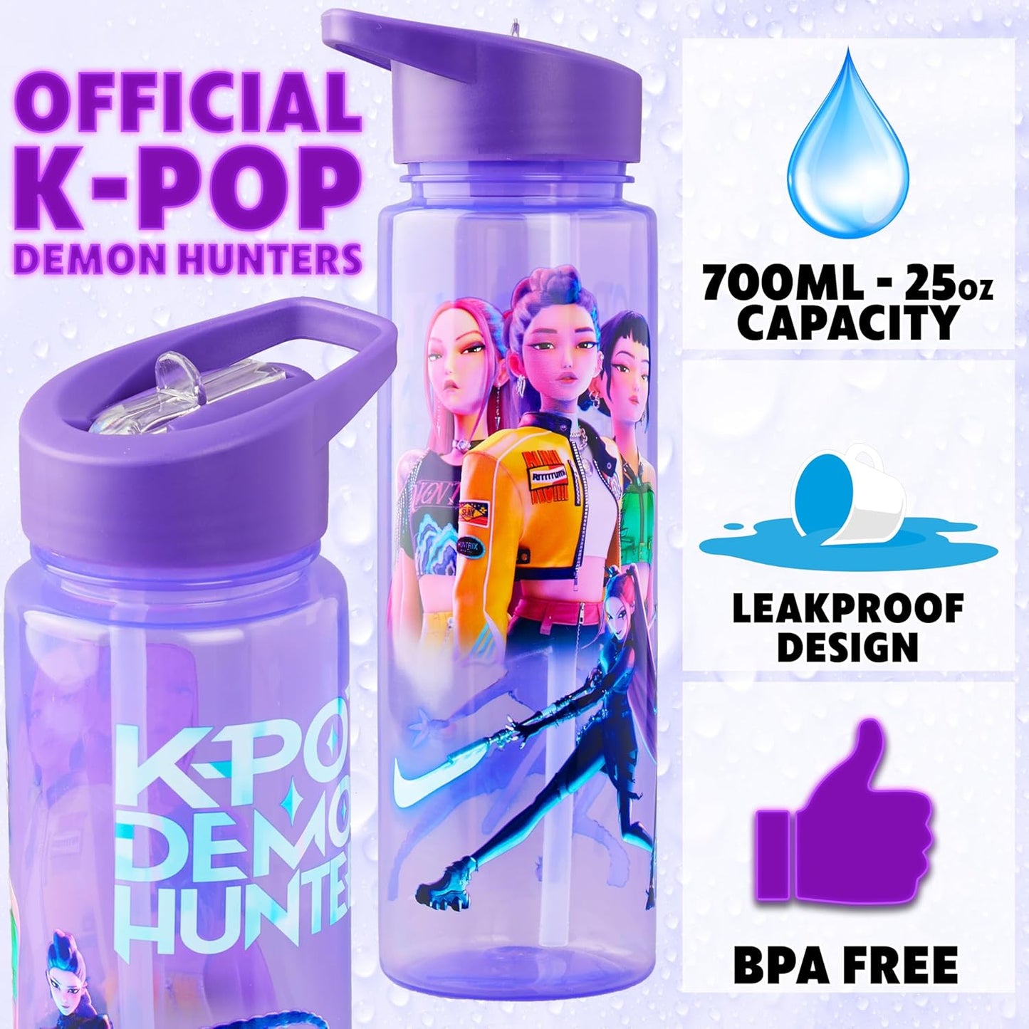 KPop Demon Hunters Water Bottle for Girls 25oz/700ml, Huntrix BPA Free Plastic Water Bottle with Straw, Rumi Zoey Mira Kpop Merchandise Gifts