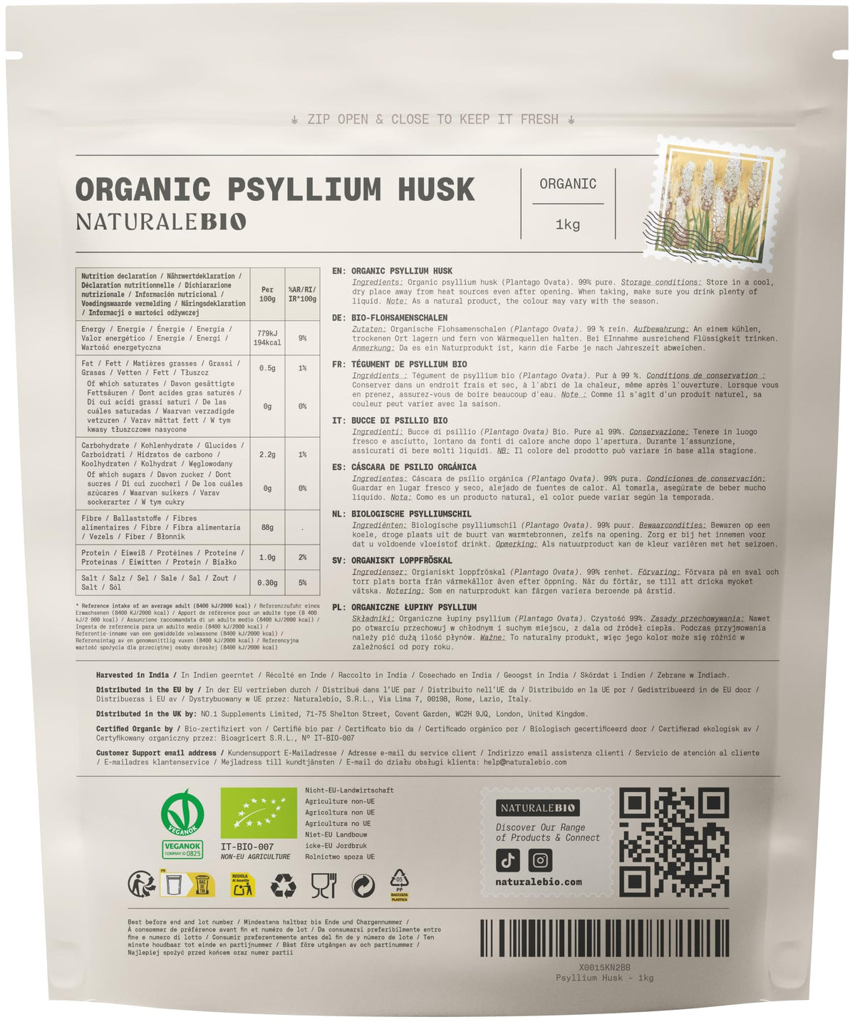 NaturaleBio Organic Psyllium Husk 99% Purity Lab-Tested Gluten-Free