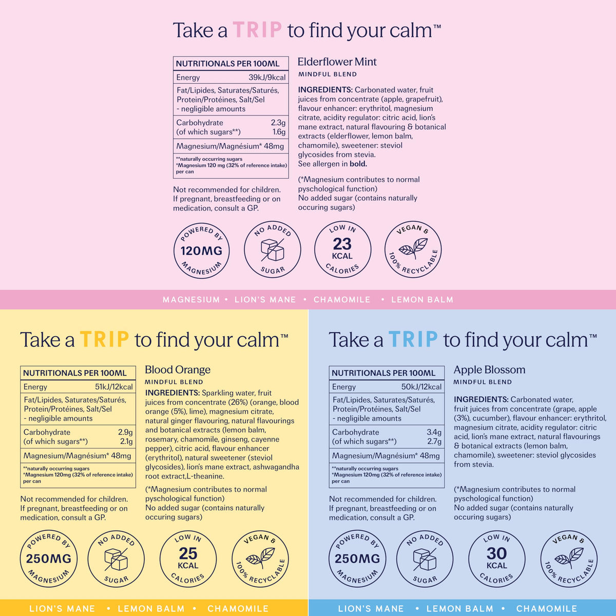 TRIP Calm Magnesium Drink, Sparkling Mocktail, Ultimate Sampler Mix, 12pack