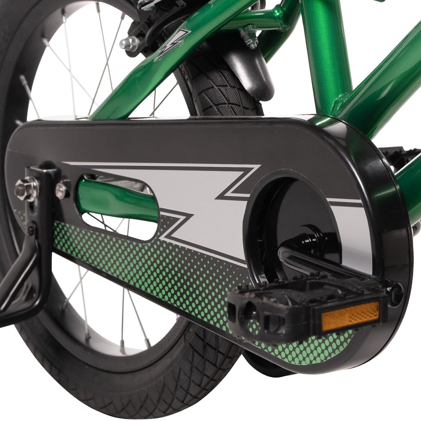 Huffy Pro Thunder Kids Bike 16" with Stabilisers, Bell & Handlebar Pad — Green