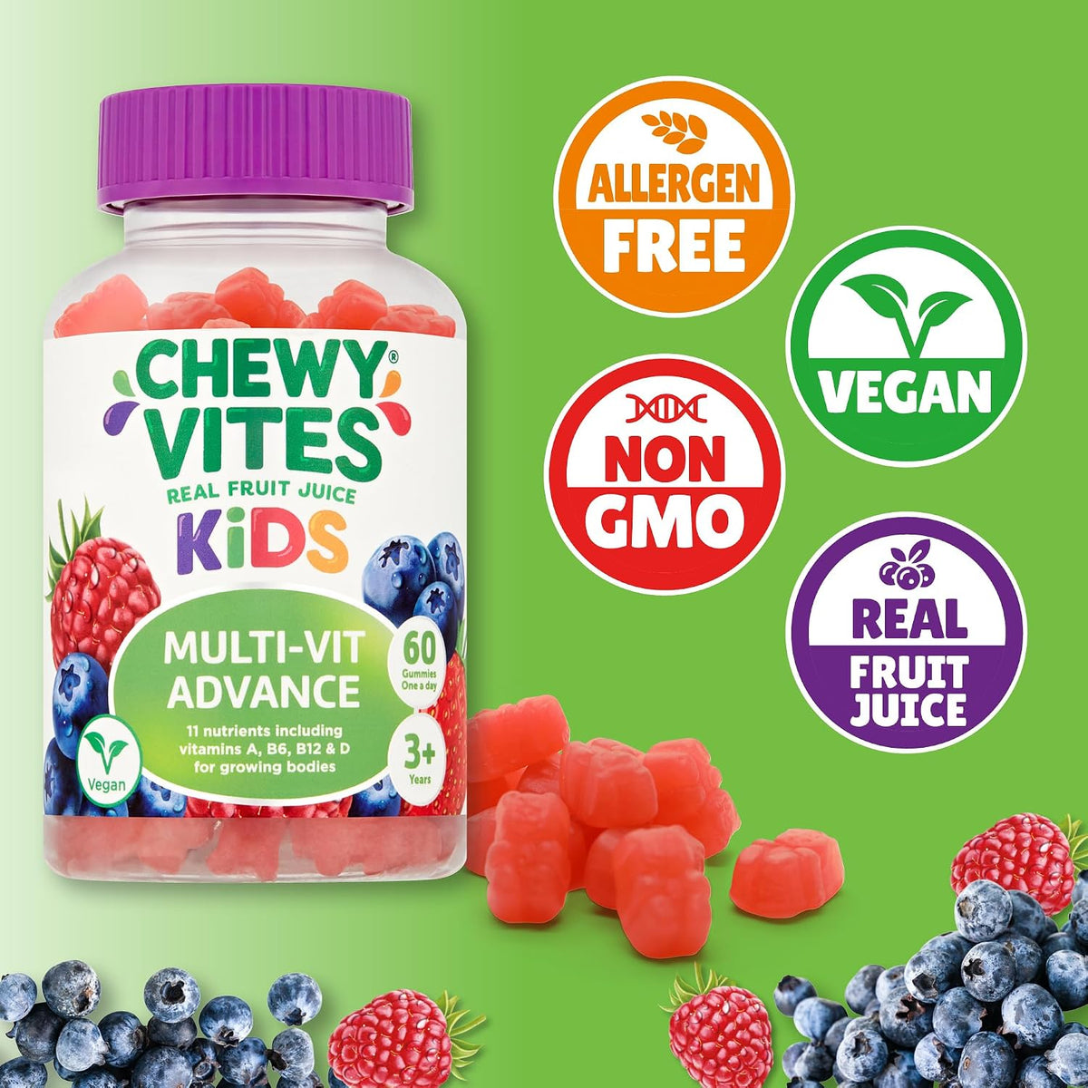 Chewy Vites Kids Multivitamin Advance, 60 Kids Vitamins Gummies, 11 Essential Nutrients, 2 Months Supply, Real Fruit Juice, Vegan, Age 3 +, Blueberry and Raspberry Flavour