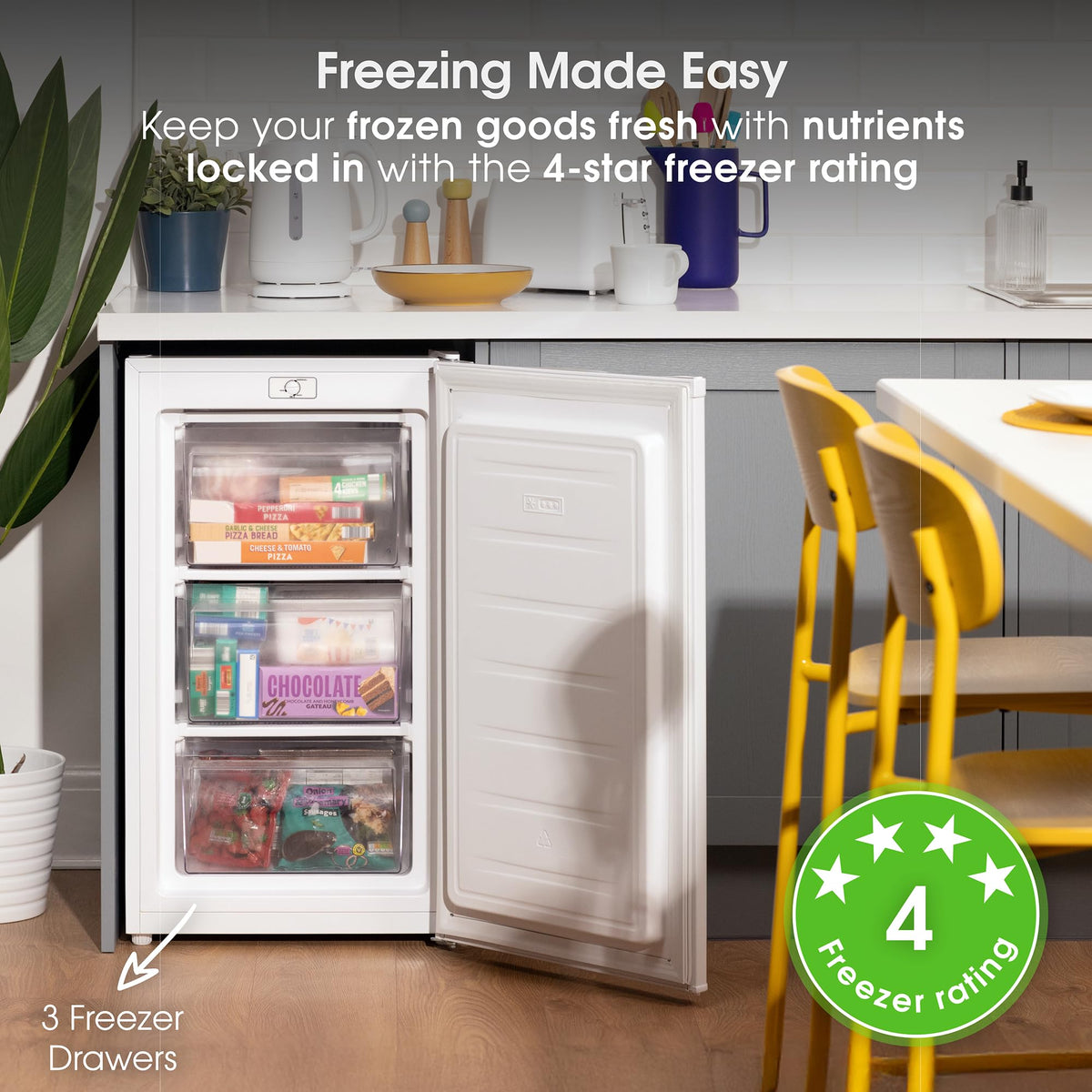 Abode Under Counter Freezer 55cm Wide Freestanding White 91 Litre with 4 Drawers, Adjustable Feet & Reversible Door, 4 Star Freezer, Suitable for Garages & Outbuildings A85UCFZ552E1W (White, 55 cm)