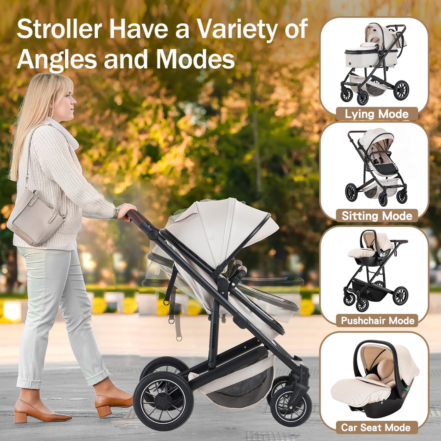 Baby Stroller 3 in 1,Travel Pushchair's Lie-Flat Pram is Foldable, Stroller System Handle is Adjustable, The Wheels are Made of PU Material, Suitable for 0-3 Years-Khaki