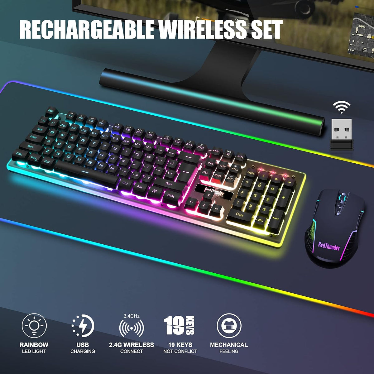 RedThunder K10 Wireless Gaming Keyboard and Mouse Combo, LED Backlit Rechargeable 3800mAh Battery, UK Layout Mechanical Feel Keyboard + 7D 3200DPI Mice for PC Gamer (Black)