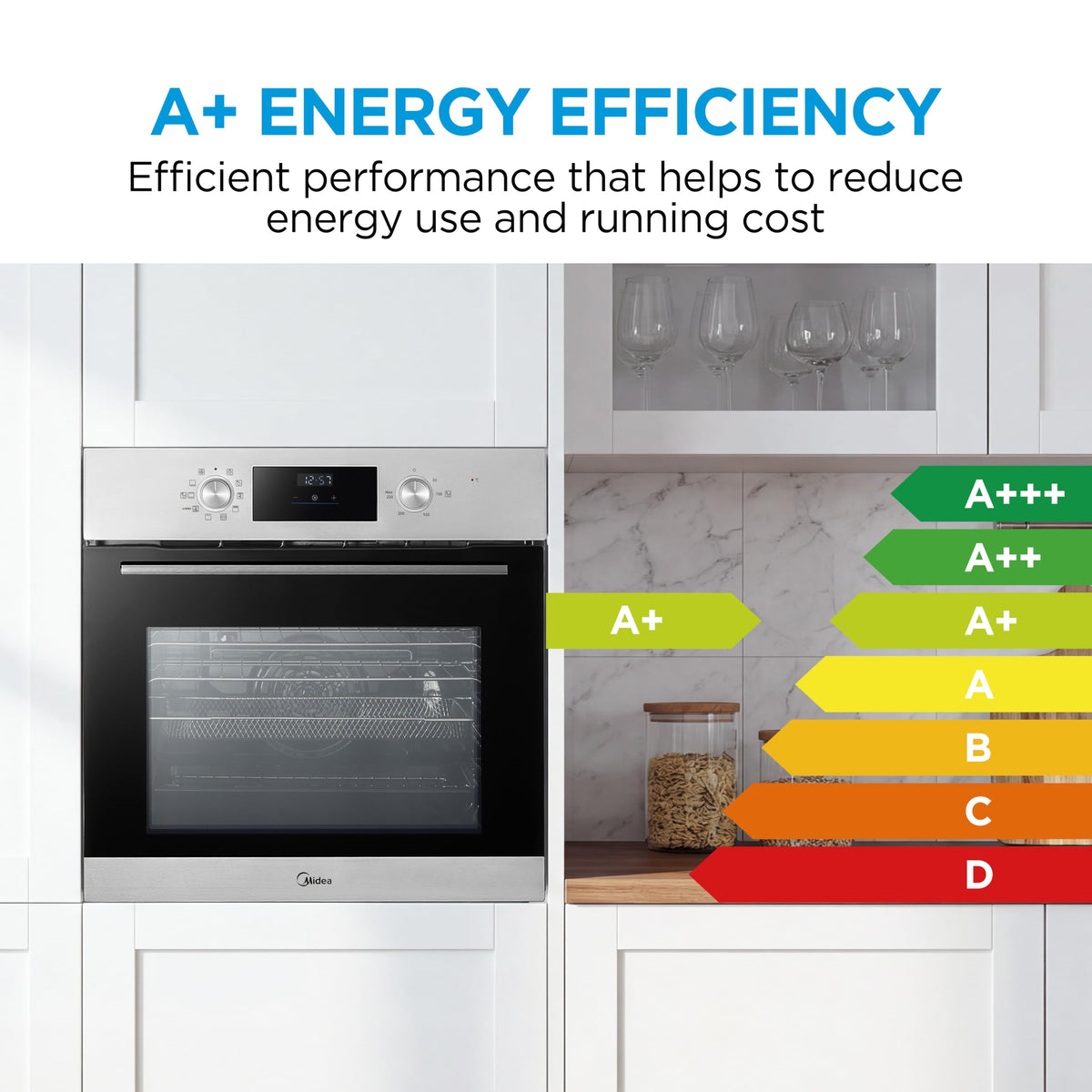 Midea 71L, 60cm Wide, Single Electric Built-in Fan Oven with Air Fry, 12 Oven Functions, Aqua Clean, LED Display, Convection, ECO, MultiLevel Cooking, Color Black - MBO65M90D2-BK