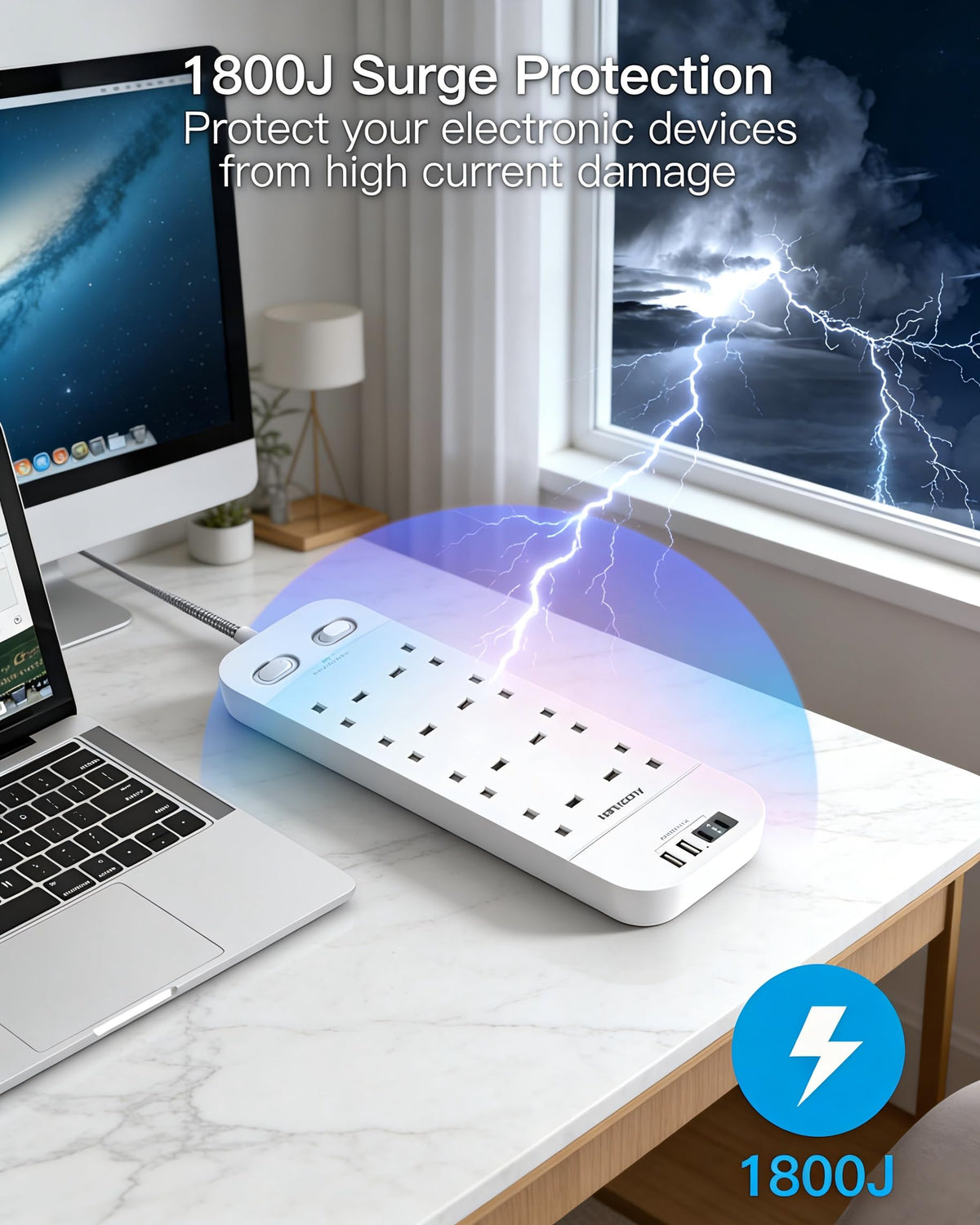 Extension Lead with 2 USB C Slots, 8 Way Power Strip Surge Protector