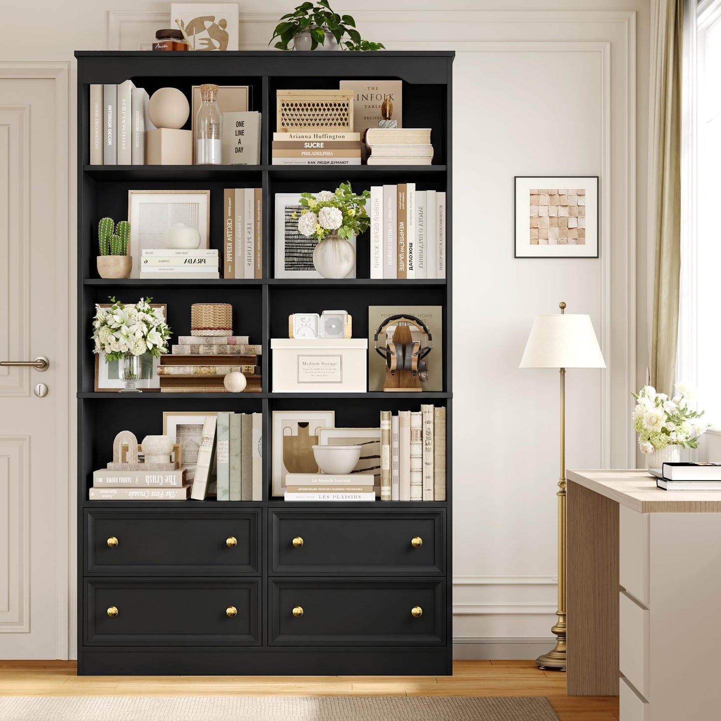 FirFurd Bookcase 180cm Tall Bookshelf with Drawers Living Room Bookcase 8 Open Compartments Free Standing Display Shelf Tall Shelving Unit for Home Office 180x100x30cm White