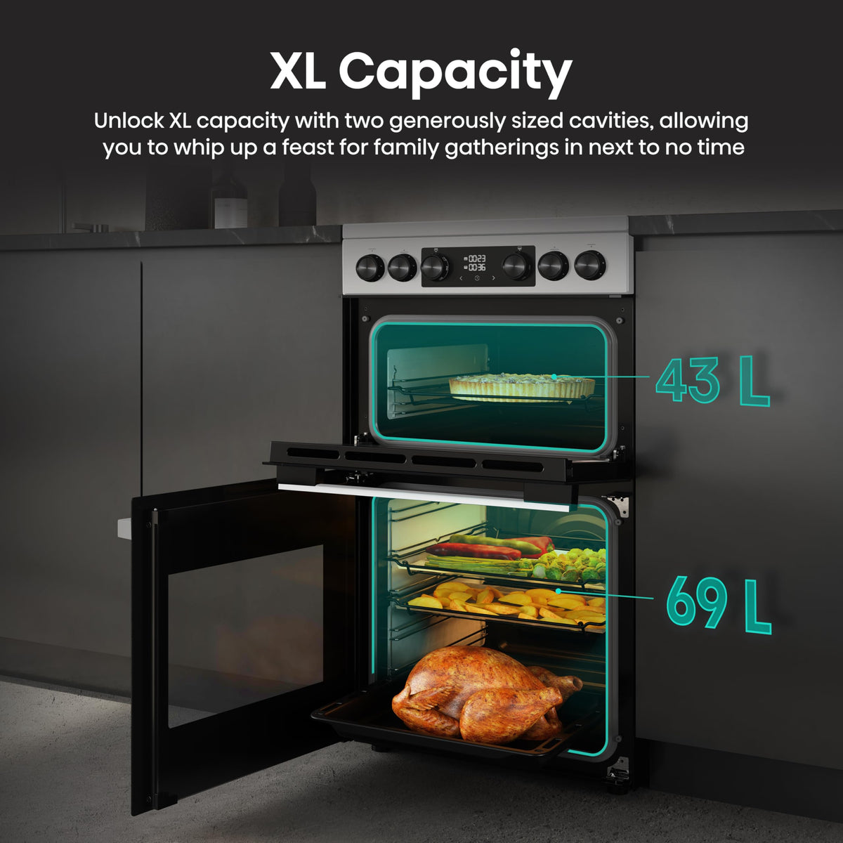 Hisense HDUKC60W 60cm Electric Cooker with Ceramic Hob-White, A Rated Double Oven 50L/80L [Energy Class A]