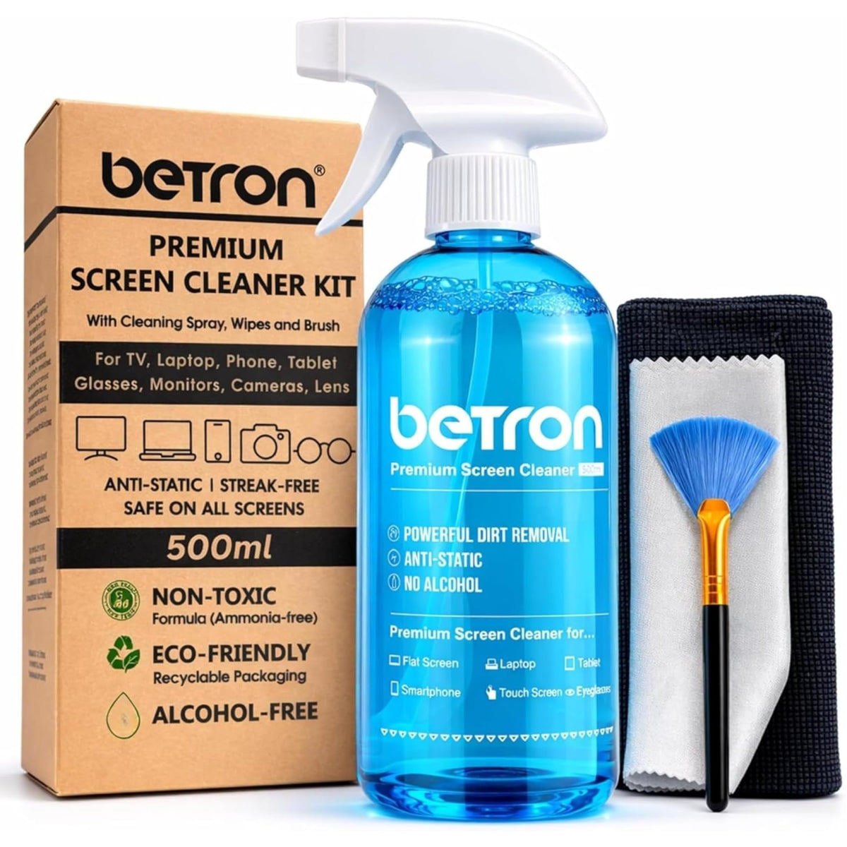 Betron Screen Cleaner Spray Kit with Cloth for TV, Laptop, Monitor, 200ml