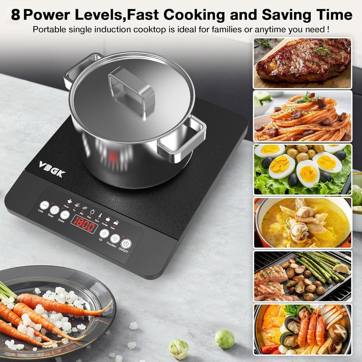 VBGK Double Electric Hob, 220V 3600W Ceramic Hob with Handle, Electric Hot Plate with 9 Power Levels, Child Safety Lock, Timer,Knob and Touch Control, 2 Burner Cooktop