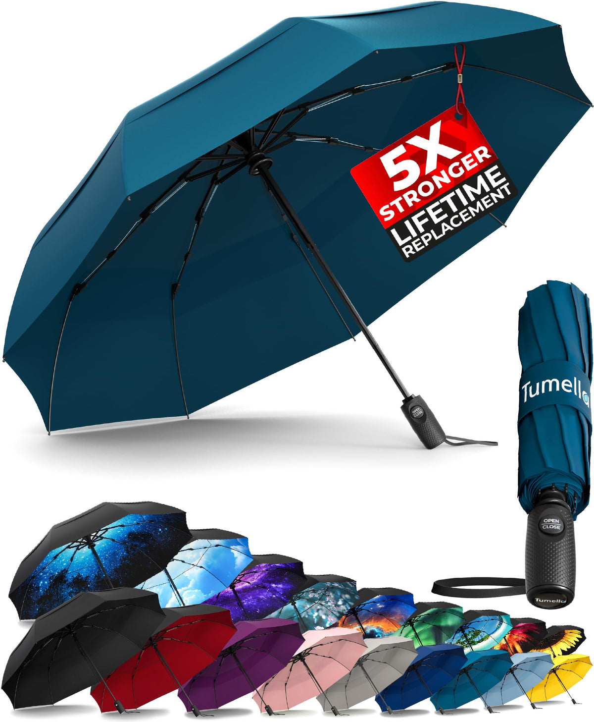 TUMELLA Strongest Windproof Travel Umbrella (Compact, 100MPH Wind-Tested)