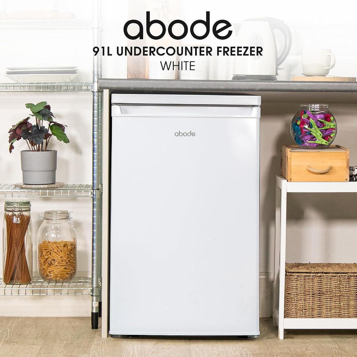 Abode Under Counter Freezer 55cm Wide Freestanding White 91 Litre with 4 Drawers, Adjustable Feet & Reversible Door, 4 Star Freezer, Suitable for Garages & Outbuildings A85UCFZ552E1W (White, 55 cm)