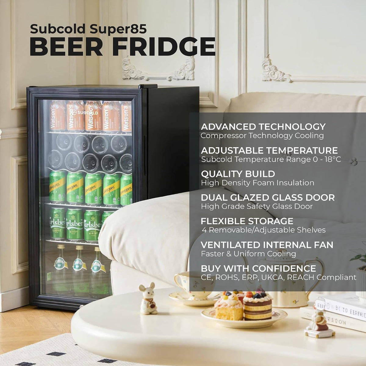 Subcold Super85 LED Beer Fridge | 80 Cans + 5 Bottles | 0-18°C | Glass Door