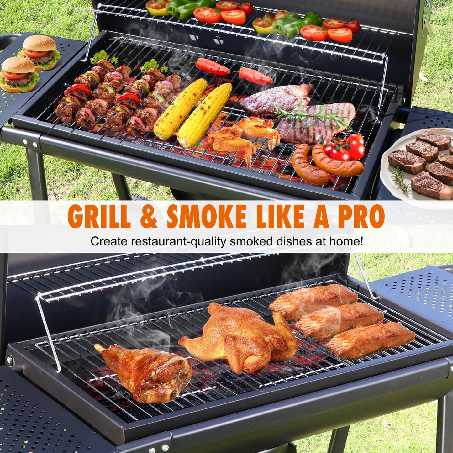 Charcoal BBQ Grill With Offset Smoker: Large Oil Drum Barbecue Barrel Grill For Outdoor Garden