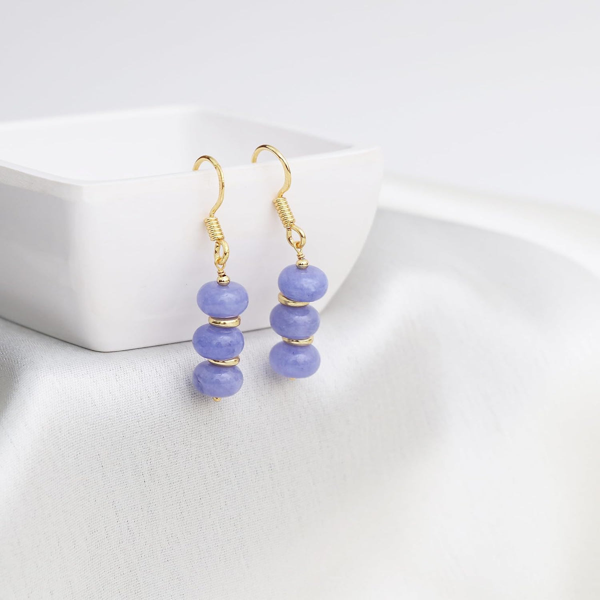 Gempires Natural Gemstone Rondelle Bead Earrings for Women | 8mm Beaded Drop Dangle Earrings | Gold Plated Hypoallergenic Hook Jewelry | Handmade Lightweight Crystal Earrings