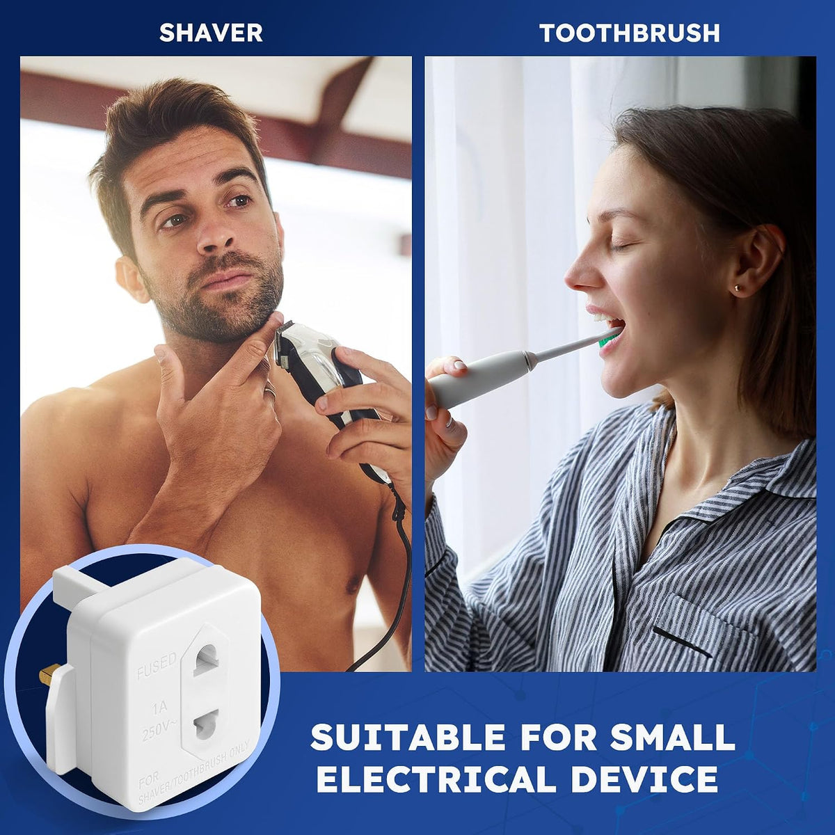 Desiretech Shaver Adaptor 1 Pack, 2 Pin to 3 Pin UK Plug Converter, 1A 250V, Compact Travel Adaptor for Electric Shavers & Toothbrushes, CE Certified, White