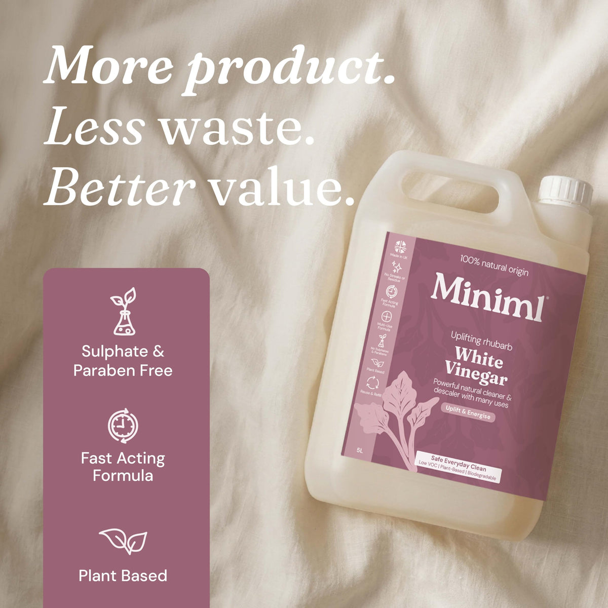 Miniml Eco White Vinegar Cleaning Unscented 750ml - All Natural Multi-Surface & Multi-Purpose Cleaner, Limescale Remover, Laundry Softener & More - 100% Vegan & Cruelty Free