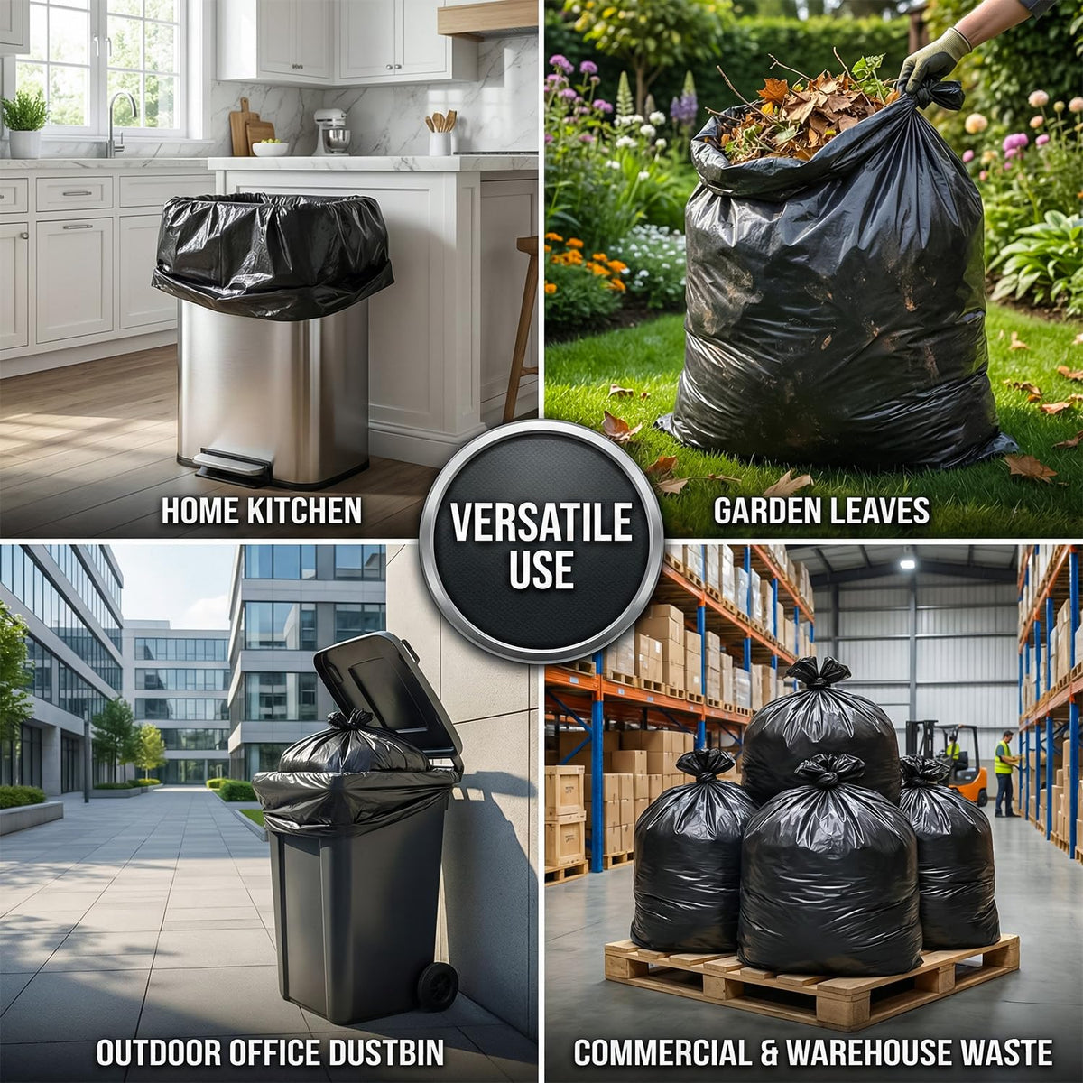 Roe Tenpo 100 Pack Heavy Duty Black Bin Bags – 100L, 33 μm Recyclable Refuse Sacks, Leak-Proof Bin Liners – Rubbish Bags for Kitchen, Home, DIY & Garden, Household, Office & Catering