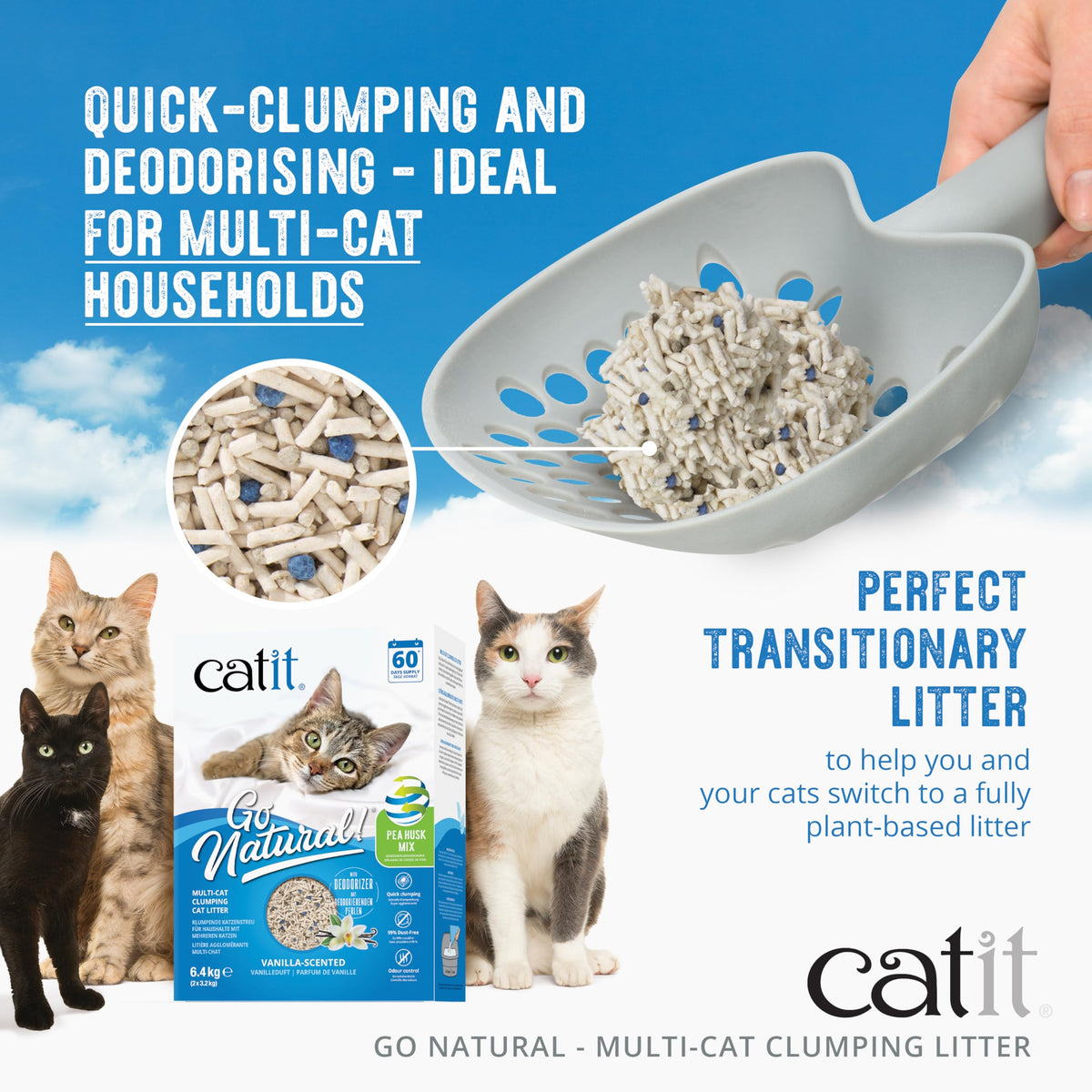 Catit Go Natural Vanilla Scented Pea Husk Clumping Cat Litter, Deodorising, 99.9% Dust-Free, Fast Clumping Cat Litter, Plant-Based Litter for Cats & Kittens, 5.6kg (2 x 2.8kg)