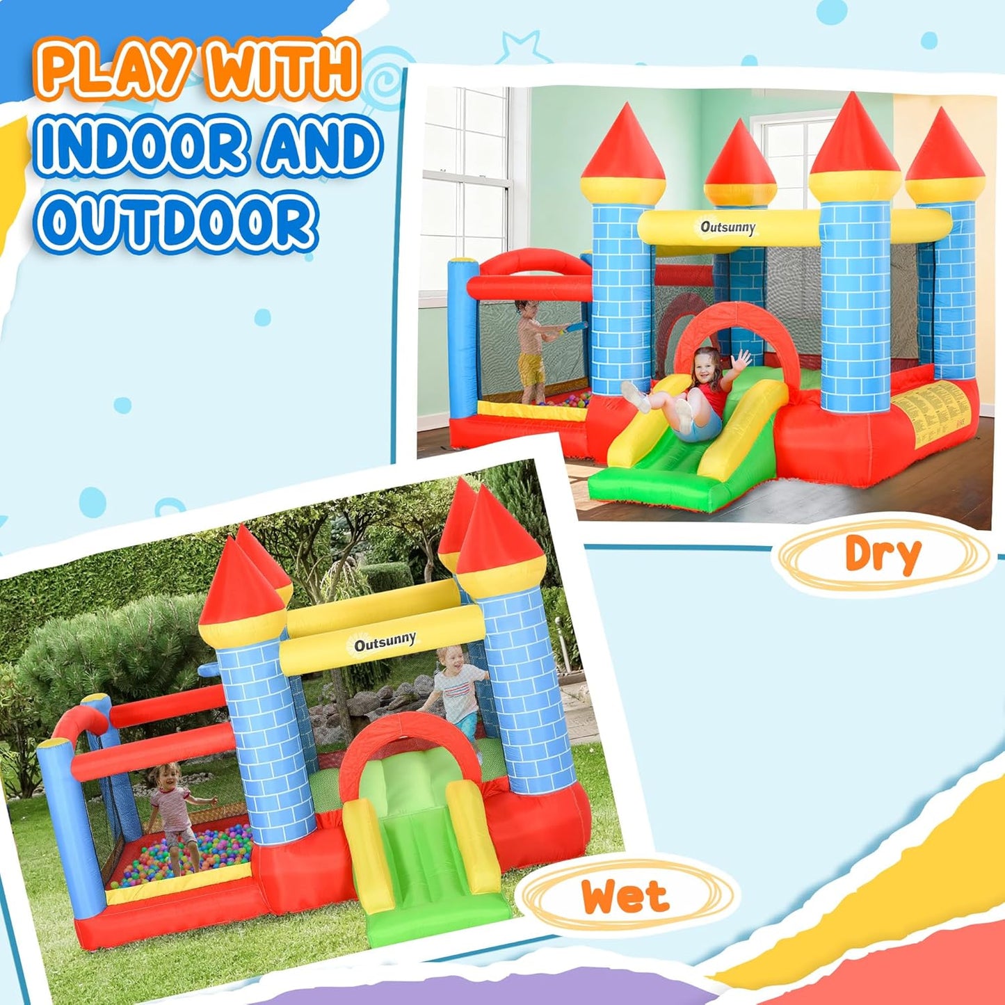Outsunny 4-in-1 Kids Bouncy Castle with Slide, Pool, Trampoline & Basketball Hoop — Ages 3-8