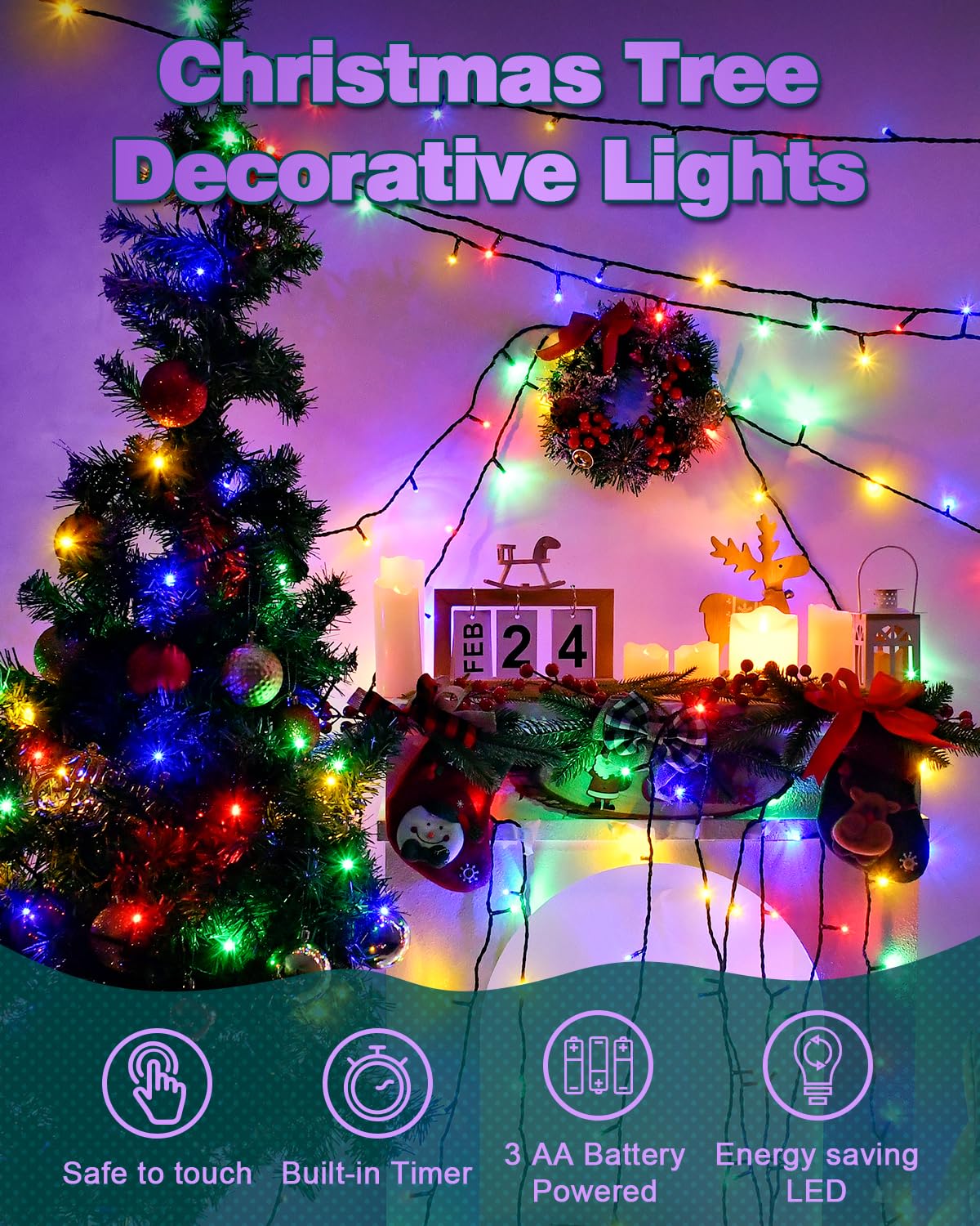 Dalugo Halloween Decoration Lights, 5M 50 LED Orange Purple White Fairy Lights with Timer, IP65 Waterproof Battery Powered Lights for Indoor Outdoor Autumn Halloween Decorations(Green Wire)