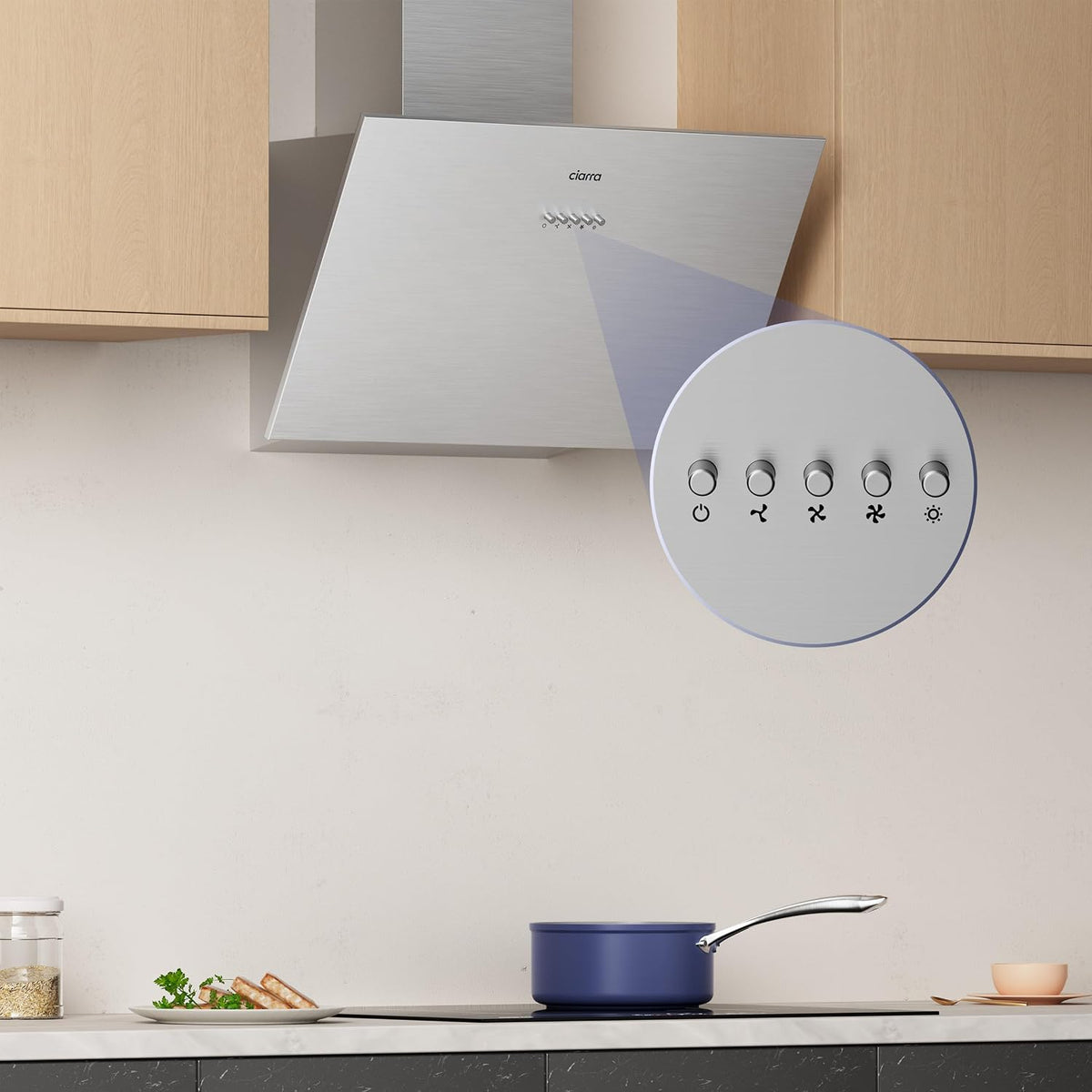 CIARRA CBCB6736C Angled Cooker Hood 60cm with CBCF002X2 Carbon Filters Recirculating & Ducting LED Lights Black Painting&Tempered Glass Wall Mounted Range Hood 600mm Kitchen Extractor Fan