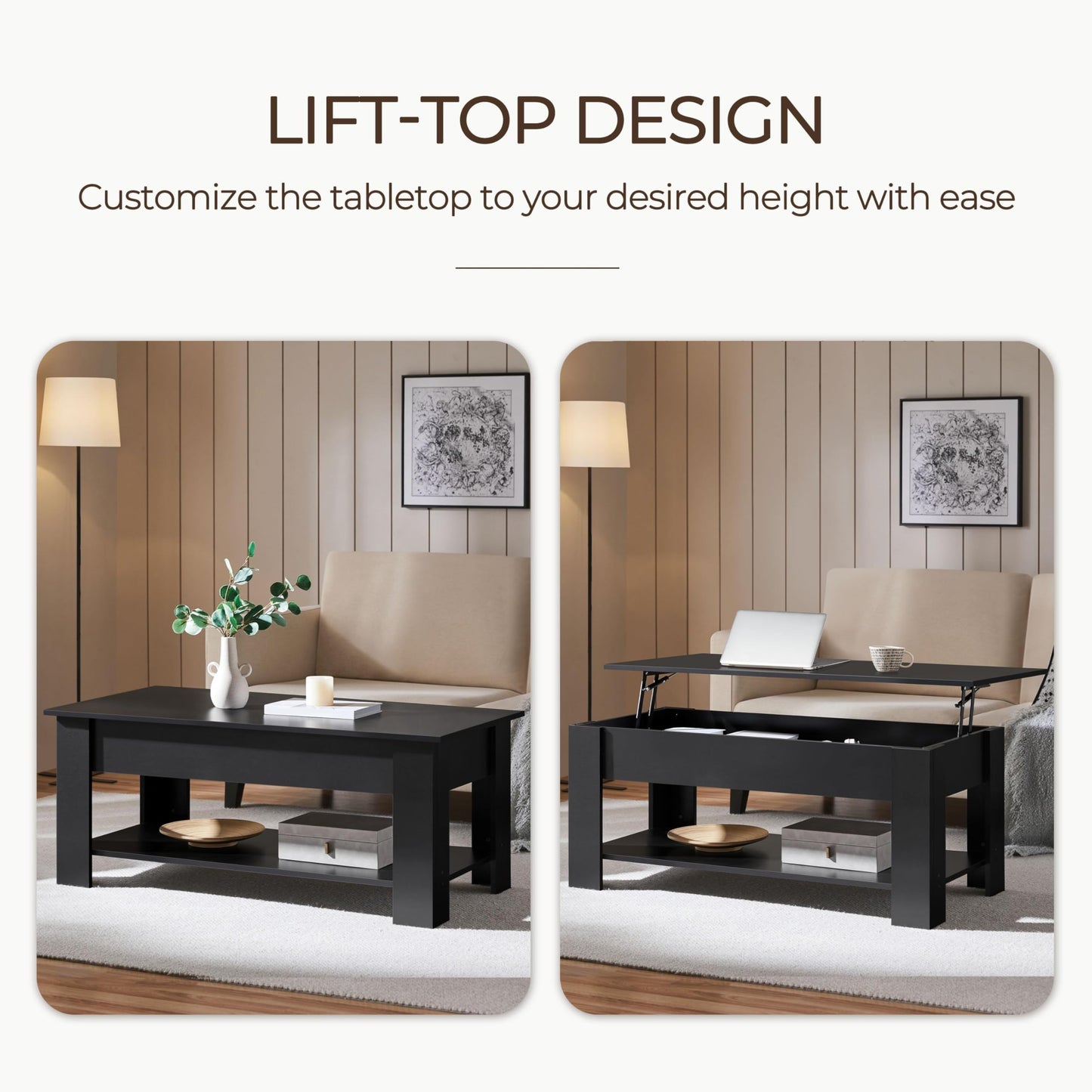 Yaheetech Lift Up Coffee Table, Wooden Lifting Coffee Table with Hidden Storage Drawer and Open Shelf, Space-saving Tea Tables for Living Room/Reception, Espresso