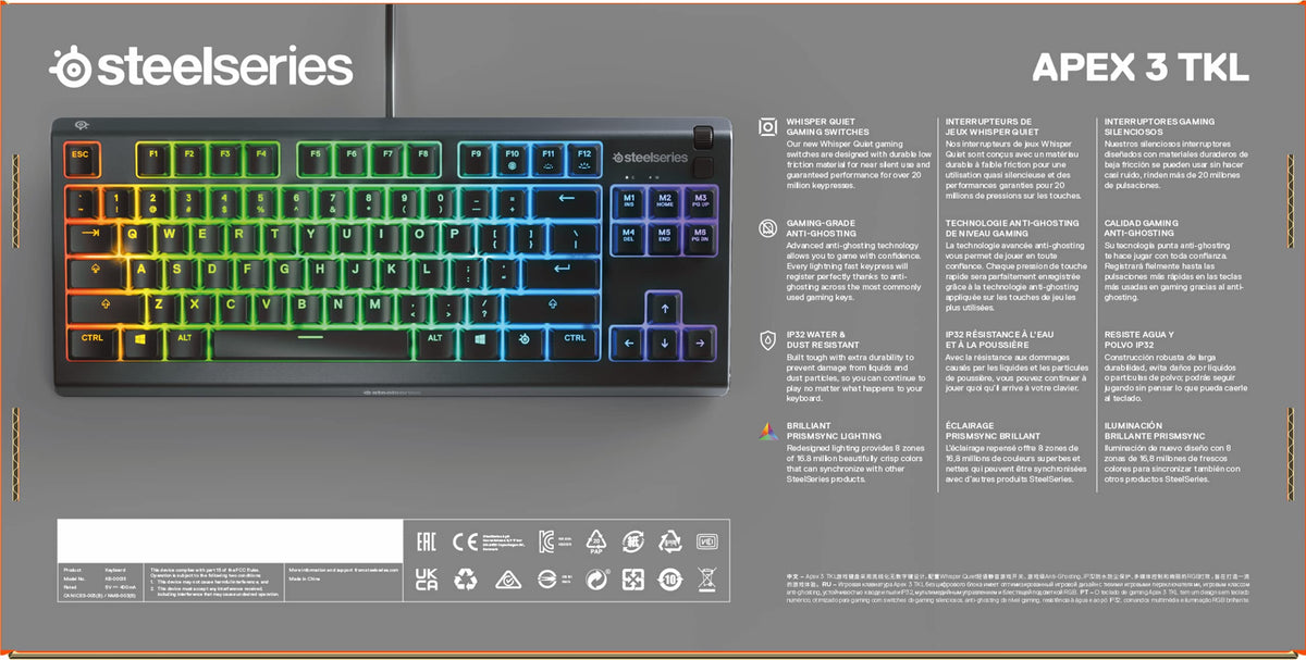 SteelSeries Apex 3 TKL Gaming Keyboard - Silent Keyboard, Tenkeyless PC Keyboard - 8-Zone RGB Illumination - IP32 Water & Dust Resistant - English QWERTY Layout, Black