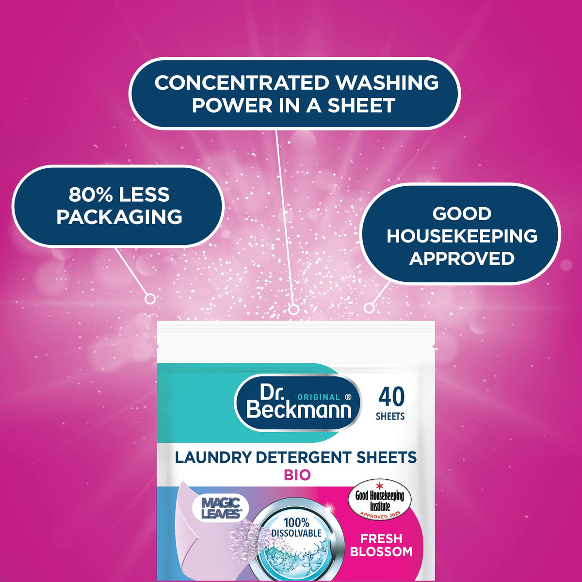 Dr. Beckmann MAGIC LEAVES Laundry Detergent Sheets BIO | Convenient and pre-dosed laundry detergent sheets | Dissolvable climate neutral and easy to use | 25 sheets