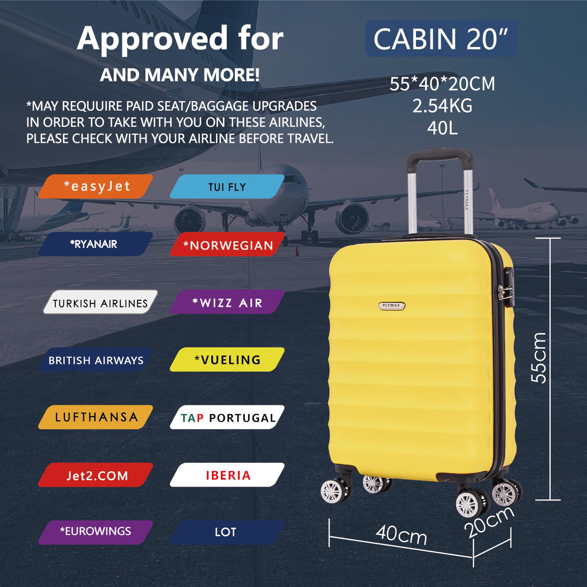 FLYMAX 55x40x20 Ryanair Cabin Bag Hand Luggage Lightweight Suitcase Approved Carry on Luggage Case 2.5KG 40L Royal