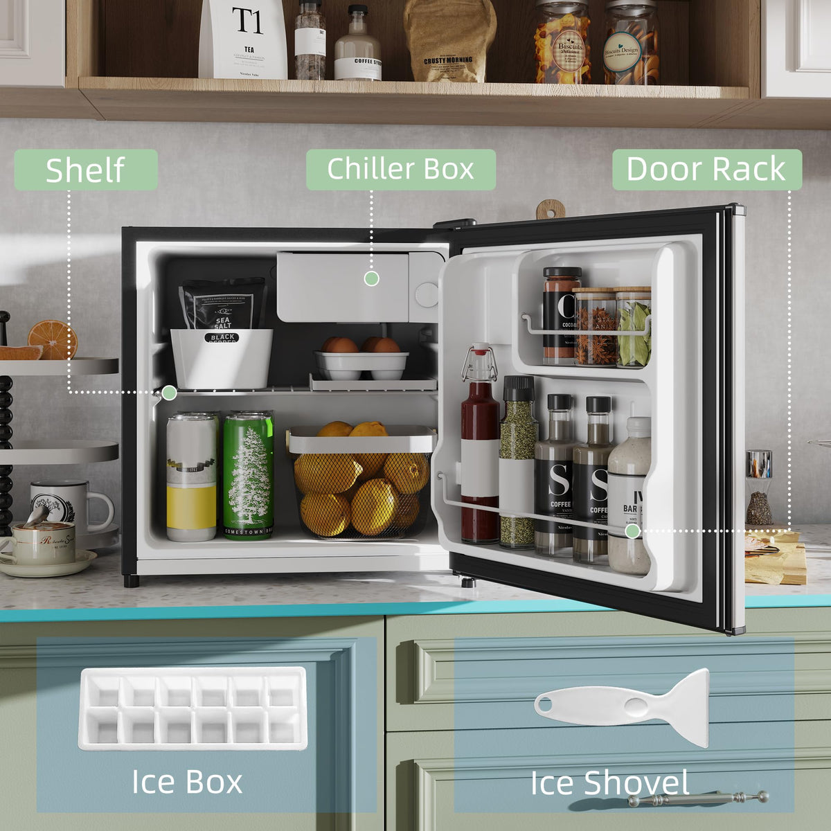 HOMCOM 46L Table Top Mini Fridge with Ice Box, Reversible Door, Cream