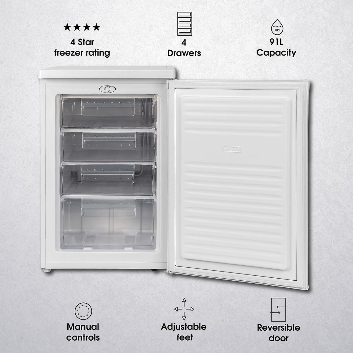 Abode Under Counter Freezer 55cm Wide Freestanding White 91 Litre with 4 Drawers, Adjustable Feet & Reversible Door, 4 Star Freezer, Suitable for Garages & Outbuildings A85UCFZ552E1W (White, 55 cm)