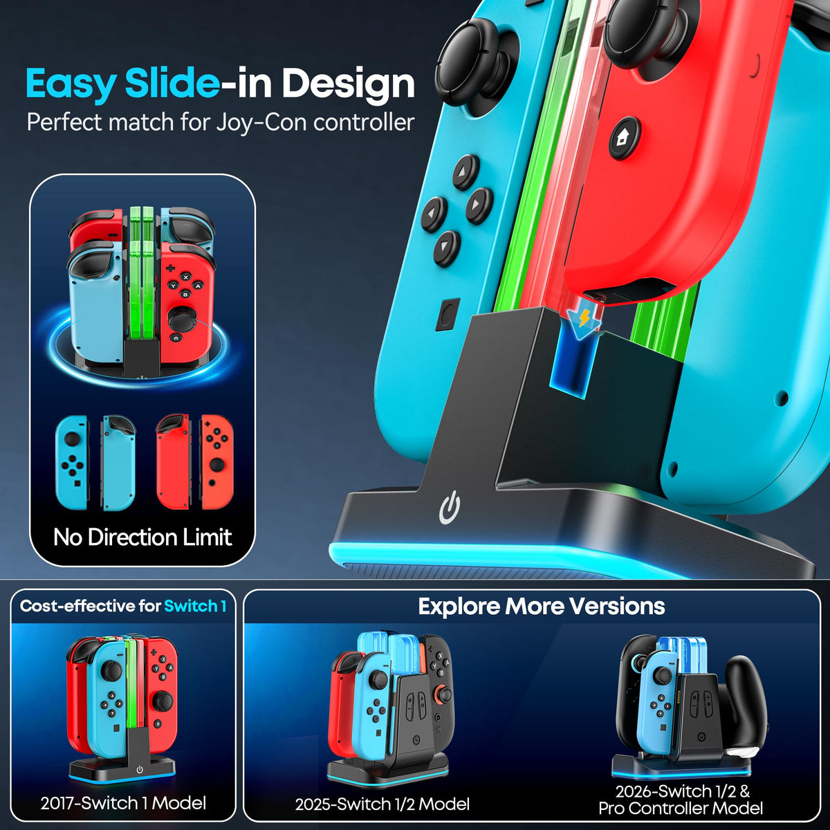 Rysker RGB Switch 2 Controller Charger for Joy-pad 2, 2H Fast Joycon 2 Charging Dock for Any Direction Charging, 9 Light Modes Switch 2 Joycon Charger Station