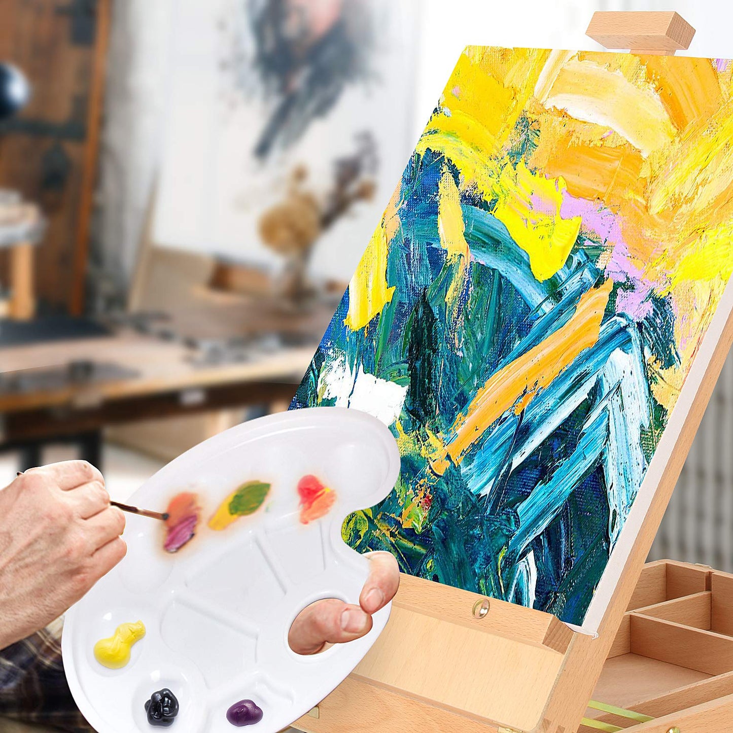 Kuyal Wood Box Easel Artists Painting Set with 18 Acrylic Oil Paint Colors, 12 Color Pencil, 6 Artist Brushes, 1 Stretched Canvas, 12 Soft Pastels, Art Table Easel with Supplies