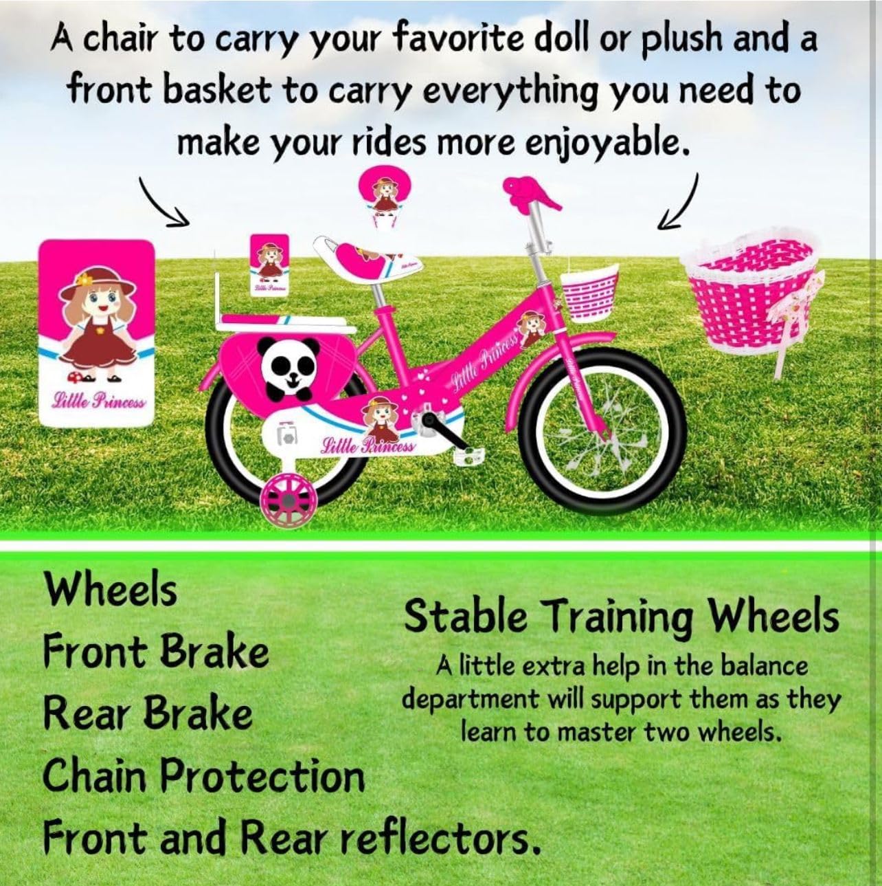 Pink Girls Bike 16" with Stabilisers, Basket & Bell — Adjustable Seat & Handlebars