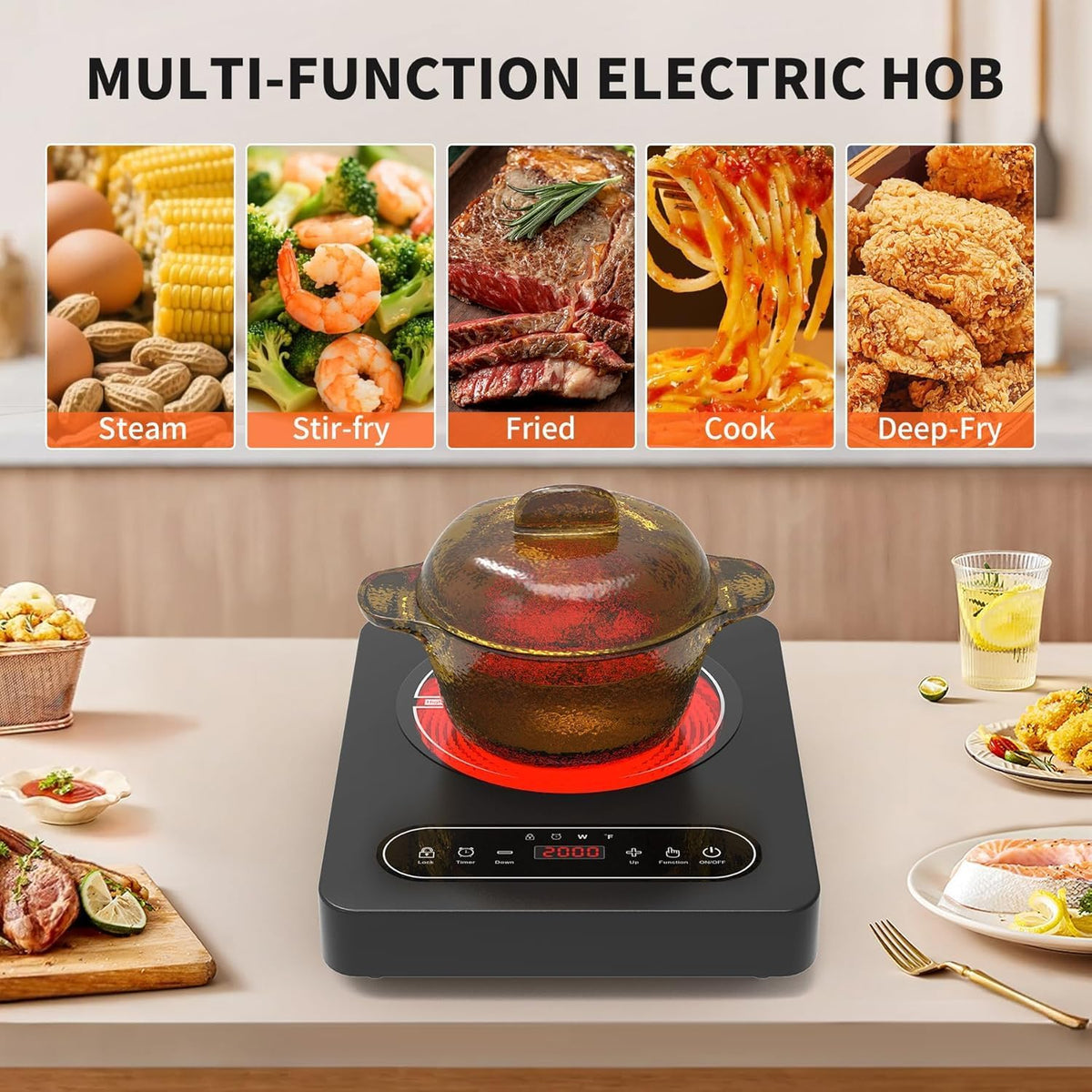 VBGK Portable Ceramic Hob, 2000W Portable Electric Hob, Electric Ceramic Hob, Single Cooking Zone with LED Display, 4-Hours Timer, Safety Lock, Residual Heat Indicator