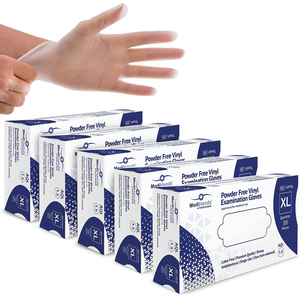 MediHands Vinyl Clear Medium Gloves, Disposable Surgical Gloves, Box of 100, Powder Free, Latex Free, Protein Free, Medical, Food, Multi-Use